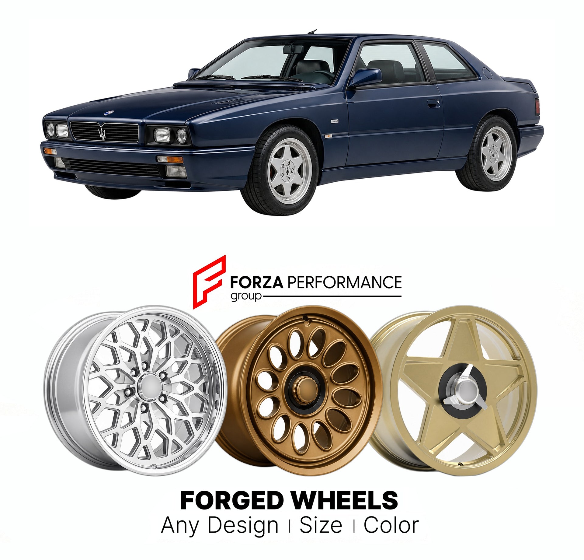 CUSTOM CLASSIC VINTAGE RESTOMOD RETRO OLD SCHOOL FORGED WHEELS RIMS for MASERATI SHAMAL 1990 - 1996

Custom forged wheels for Maserati Shamal 1990 - 1996. Classic, vintage, restomod wheel designs made to order in custom sizes, offsets, colors and finishes.

We manufacture premium quality forged wheels rims for Maserati Shamal 1990 - 1996 in any design, size, color.

THIS WHEEL DESIGN CAN BE CUSTOM-MADE FOR YOUR CAR IN ANY SIZE AND COLOR OPTIONS
Available in monoblock, 2-piece, 3-piece, duoblock, beadlock
3D