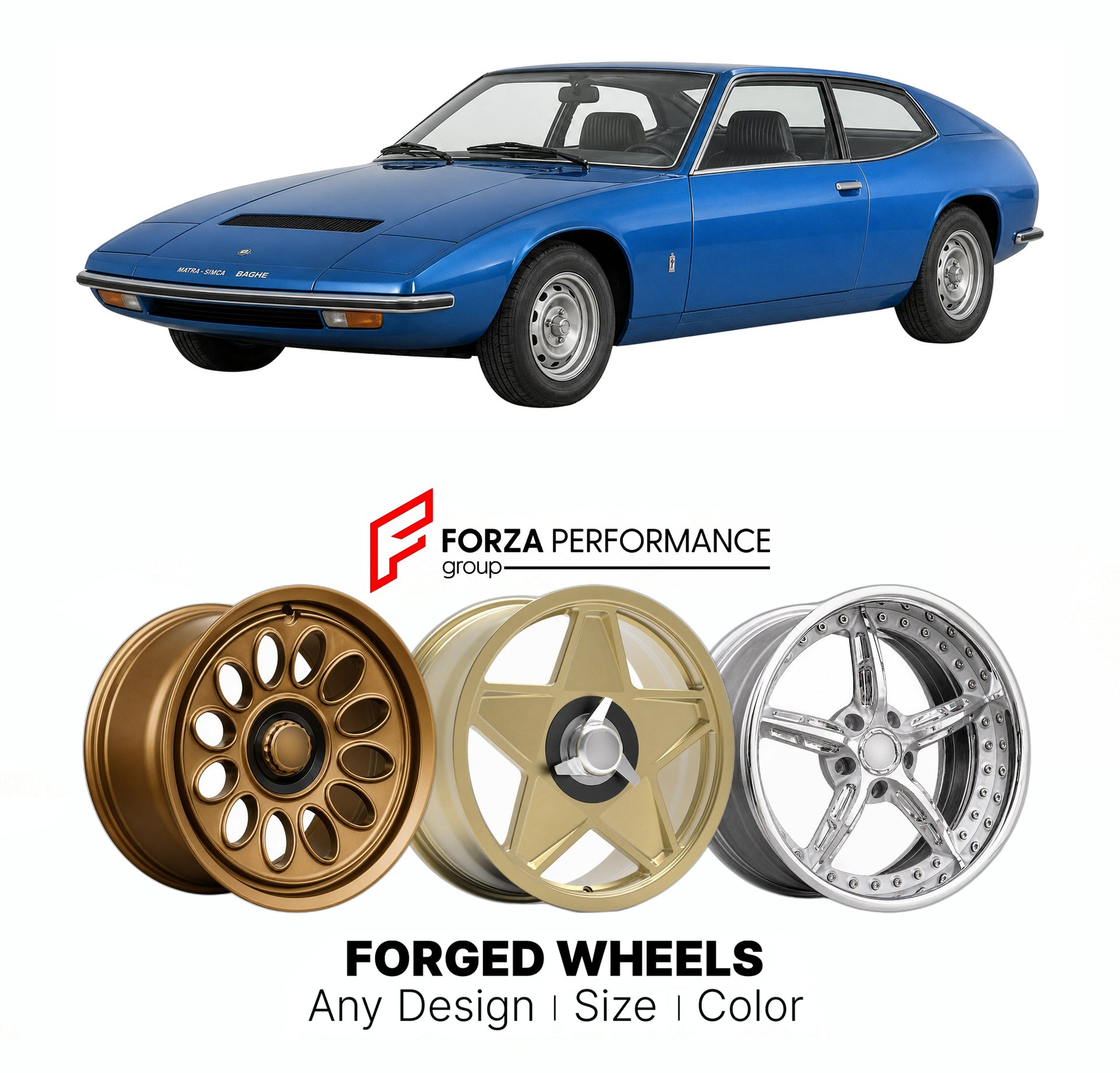 CUSTOM CLASSIC VINTAGE RESTOMOD RETRO OLD SCHOOL FORGED WHEELS RIMS for MATRA-SIMCA BAGHE 1973 - 1980

Custom forged wheels for Matra-Simca Baghe 1973 - 1980. Classic, vintage, restomod wheel designs made to order in custom sizes, offsets, colors and finishes.

We manufacture premium quality forged wheels rims for Matra-Simca Baghe 1973 - 1980 in any design, size, color.

THIS WHEEL DESIGN CAN BE CUSTOM-MADE FOR YOUR CAR IN ANY SIZE AND COLOR OPTIONS
Available in monoblock, 2-piece, 3-piece, duoblock, beadl