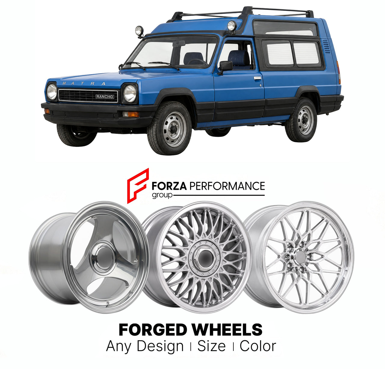 CUSTOM CLASSIC VINTAGE RESTOMOD RETRO OLD SCHOOL FORGED WHEELS RIMS for MATRA RANCHO 1977 - 1984

Custom forged wheels for Matra Rancho 1977 - 1984. Classic, vintage, restomod wheel designs made to order in custom sizes, offsets, colors and finishes.

We manufacture premium quality forged wheels rims for Matra Rancho 1977 - 1984 in any design, size, color.

THIS WHEEL DESIGN CAN BE CUSTOM-MADE FOR YOUR CAR IN ANY SIZE AND COLOR OPTIONS
Available in monoblock, 2-piece, 3-piece, duoblock, beadlock
3D wheel re