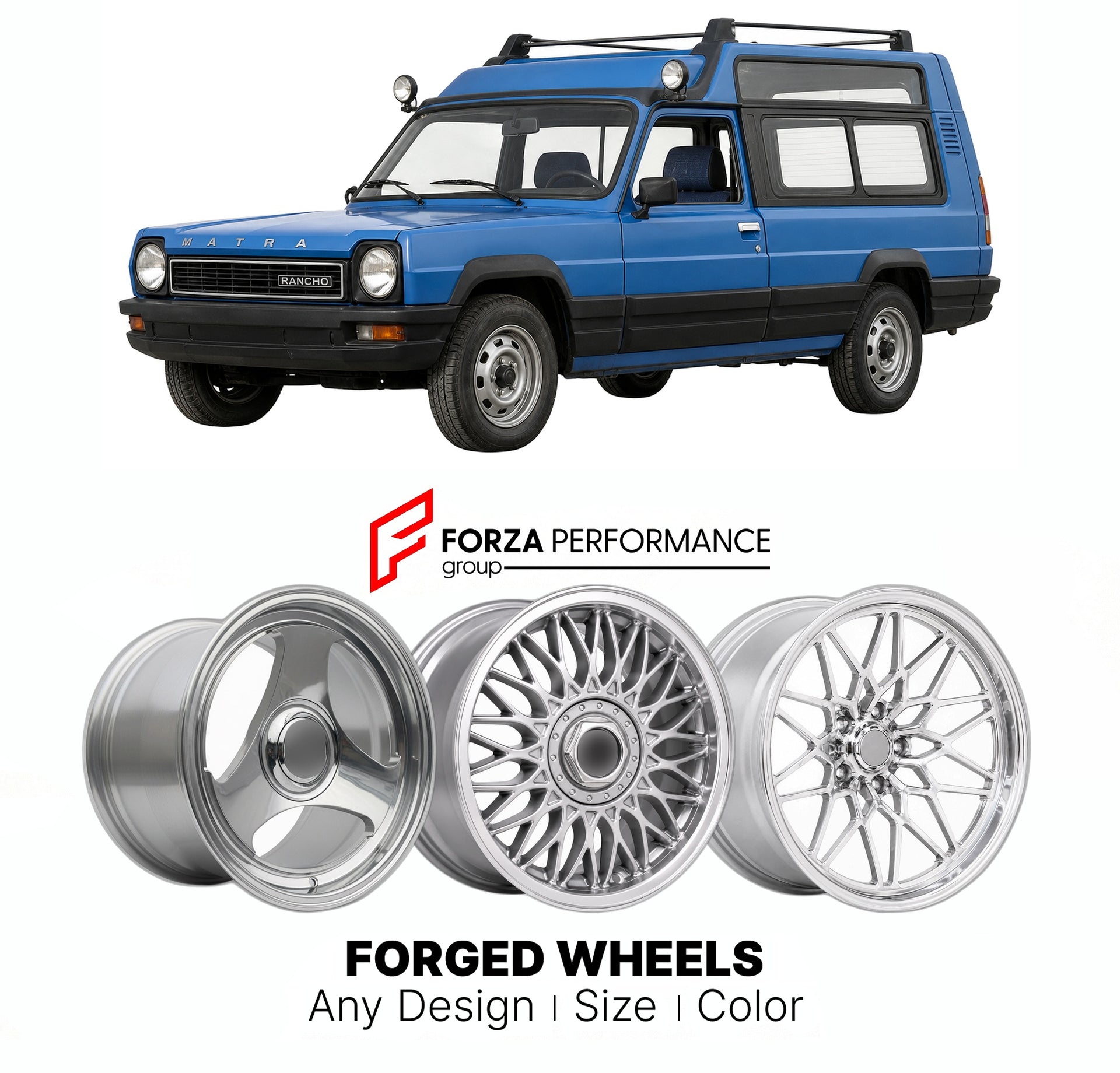 CUSTOM CLASSIC VINTAGE RESTOMOD RETRO OLD SCHOOL FORGED WHEELS RIMS for MATRA RANCHO 1977 - 1984

Custom forged wheels for Matra Rancho 1977 - 1984. Classic, vintage, restomod wheel designs made to order in custom sizes, offsets, colors and finishes.

We manufacture premium quality forged wheels rims for Matra Rancho 1977 - 1984 in any design, size, color.

THIS WHEEL DESIGN CAN BE CUSTOM-MADE FOR YOUR CAR IN ANY SIZE AND COLOR OPTIONS
Available in monoblock, 2-piece, 3-piece, duoblock, beadlock
3D wheel re