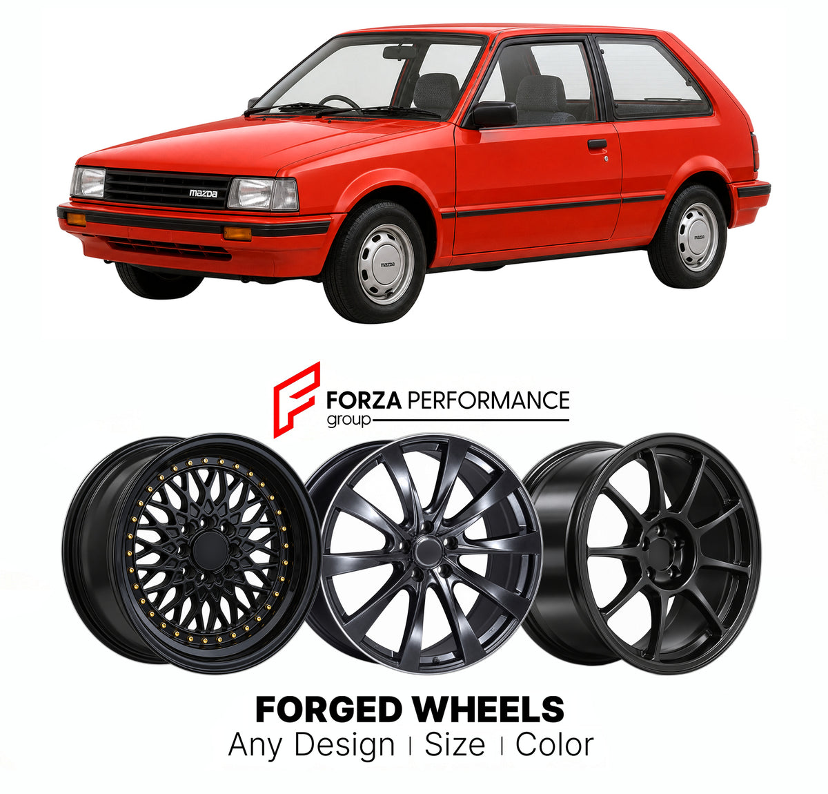 CUSTOM CLASSIC VINTAGE RESTOMOD RETRO OLD SCHOOL FORGED WHEELS RIMS for MAZDA 121 DA 1986 - 1990

Custom forged wheels for Mazda 121 DA 1986 - 1990. Classic, vintage, restomod and retro JDM wheel designs made to order in custom sizes, offsets, colors and finishes with guaranteed fitment.

We manufacture premium quality forged wheels rims for Mazda 121 DA 1986 - 1990 in any design, size, color.

JDM WHEEL DESIGNS: our Japanese collection for hatchbacks, kei cars and MPVs includes designs inspired by RS Watan
