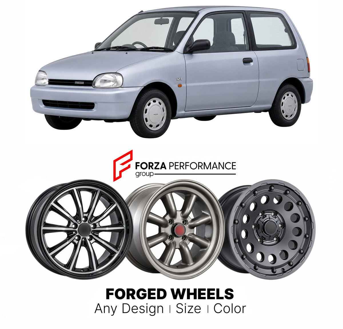 CUSTOM CLASSIC VINTAGE RESTOMOD RETRO OLD SCHOOL FORGED WHEELS RIMS for MAZDA 121 DB 1990 - 1996

Custom forged wheels for Mazda 121 DB 1990 - 1996. Classic, vintage, restomod and retro JDM wheel designs made to order in custom sizes, offsets, colors and finishes with guaranteed fitment.

We manufacture premium quality forged wheels rims for Mazda 121 DB 1990 - 1996 in any design, size, color.

JDM WHEEL DESIGNS: our Japanese collection for hatchbacks, kei cars and MPVs includes designs inspired by RS Watan