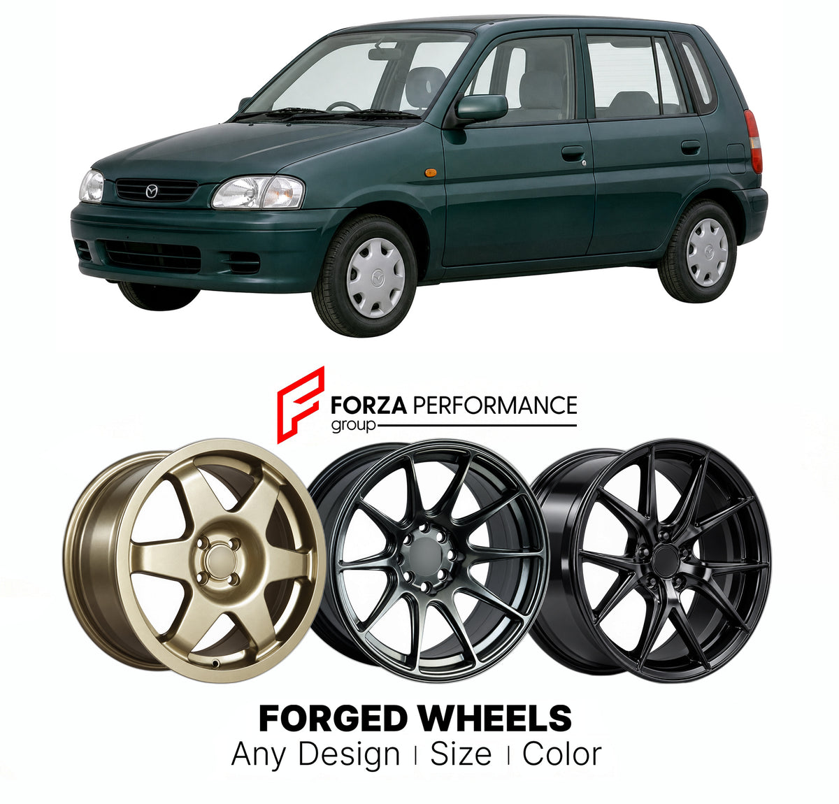 CUSTOM CLASSIC VINTAGE RESTOMOD RETRO OLD SCHOOL FORGED WHEELS RIMS for MAZDA 121 DW 1996 - 2002

Custom forged wheels for Mazda 121 DW 1996 - 2002. Classic, vintage, restomod and retro JDM wheel designs made to order in custom sizes, offsets, colors and finishes with guaranteed fitment.

We manufacture premium quality forged wheels rims for Mazda 121 DW 1996 - 2002 in any design, size, color.

JDM WHEEL DESIGNS: our Japanese collection for hatchbacks, kei cars and MPVs includes designs inspired by RS Watan