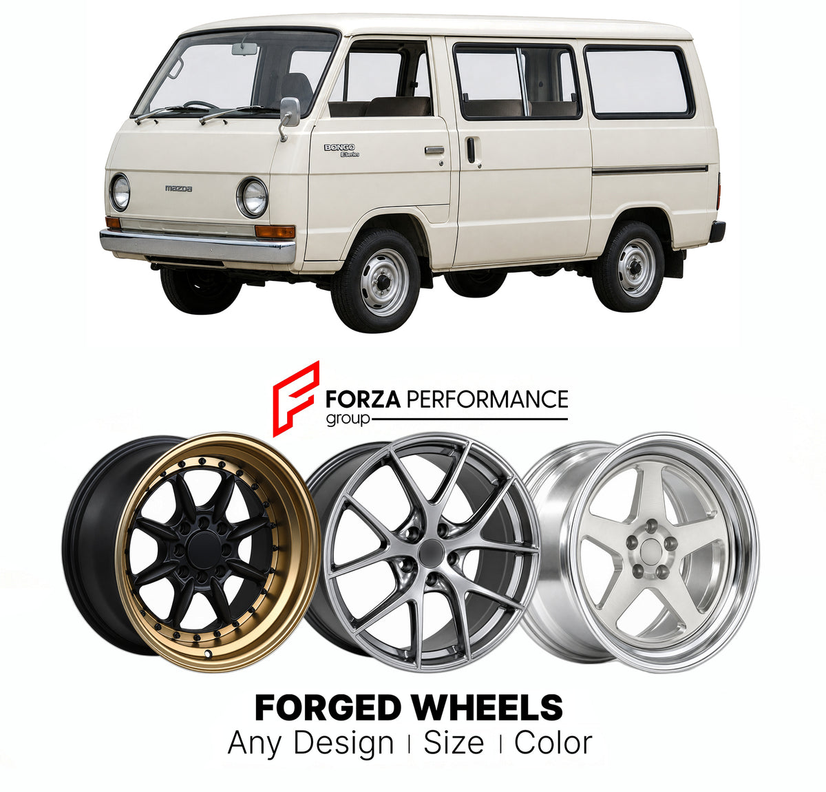 CUSTOM CLASSIC VINTAGE RESTOMOD RETRO OLD SCHOOL FORGED WHEELS RIMS for MAZDA BONGO E-SERIES BA2 1977 - 1983

Custom forged wheels for Mazda Bongo E-Series BA2 1977 - 1983. Classic, vintage, restomod and retro JDM wheel designs made to order in custom sizes, offsets, colors and finishes with guaranteed fitment.

We manufacture premium quality forged wheels rims for Mazda Bongo E-Series BA2 1977 - 1983 in any design, size, color.

JDM WHEEL DESIGNS: our Japanese collection for hatchbacks, kei cars and MPVs i