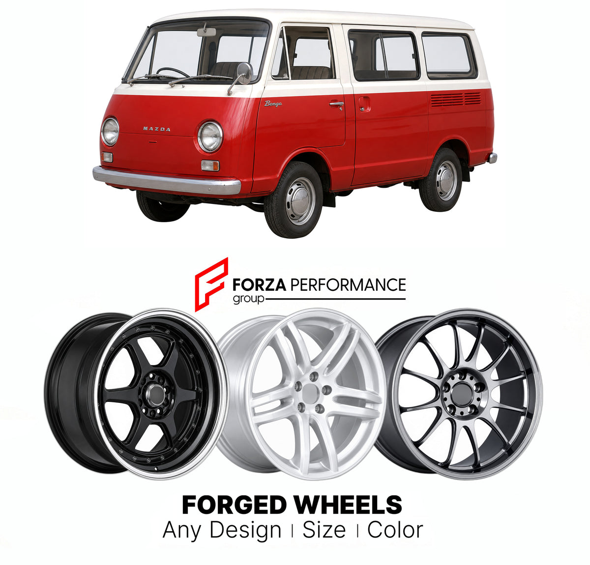 CUSTOM CLASSIC VINTAGE RESTOMOD RETRO OLD SCHOOL FORGED WHEELS RIMS for MAZDA BONGO E-SERIES F1000 F1300 1966 - 1975

Custom forged wheels for Mazda Bongo E-Series F1000 F1300 1966 - 1975. Classic, vintage, restomod and retro JDM wheel designs made to order in custom sizes, offsets, colors and finishes with guaranteed fitment.

We manufacture premium quality forged wheels rims for Mazda Bongo E-Series F1000 F1300 1966 - 1975 in any design, size, color.

JDM WHEEL DESIGNS: our Japanese collection for hatchba
