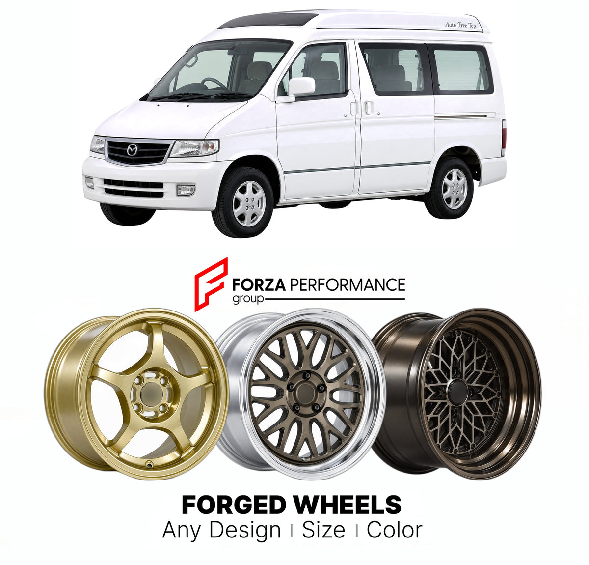 CUSTOM CLASSIC VINTAGE RESTOMOD RETRO OLD SCHOOL FORGED WHEELS RIMS for MAZDA BONGO FRIENDEE SG 1995 - 2005

Custom forged wheels for Mazda Bongo Friendee SG 1995 - 2005. Classic, vintage, restomod and retro JDM wheel designs made to order in custom sizes, offsets, colors and finishes with guaranteed fitment.

We manufacture premium quality forged wheels rims for Mazda Bongo Friendee SG 1995 - 2005 in any design, size, color.

JDM WHEEL DESIGNS: our Japanese collection for hatchbacks, kei cars and MPVs incl