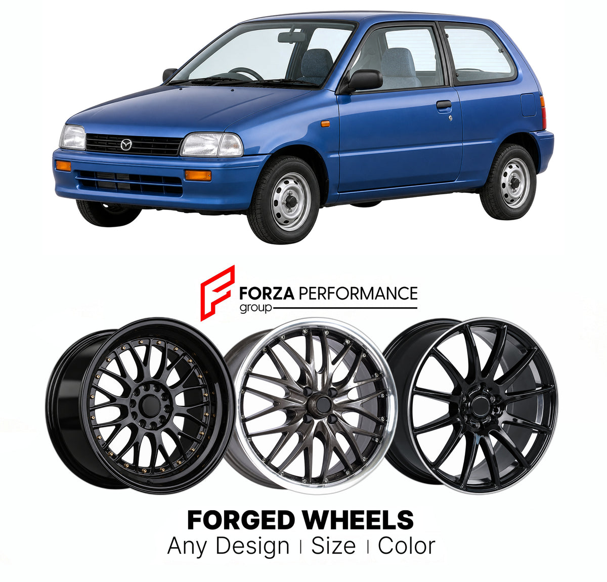 CUSTOM CLASSIC VINTAGE RESTOMOD RETRO OLD SCHOOL FORGED WHEELS RIMS for MAZDA CAROL AA 1989 - 1995

Custom forged wheels for Mazda Carol AA 1989 - 1995. Classic, vintage, restomod and retro JDM wheel designs made to order in custom sizes, offsets, colors and finishes with guaranteed fitment.

We manufacture premium quality forged wheels rims for Mazda Carol AA 1989 - 1995 in any design, size, color.

JDM WHEEL DESIGNS: our Japanese collection for hatchbacks, kei cars and MPVs includes designs inspired by RS