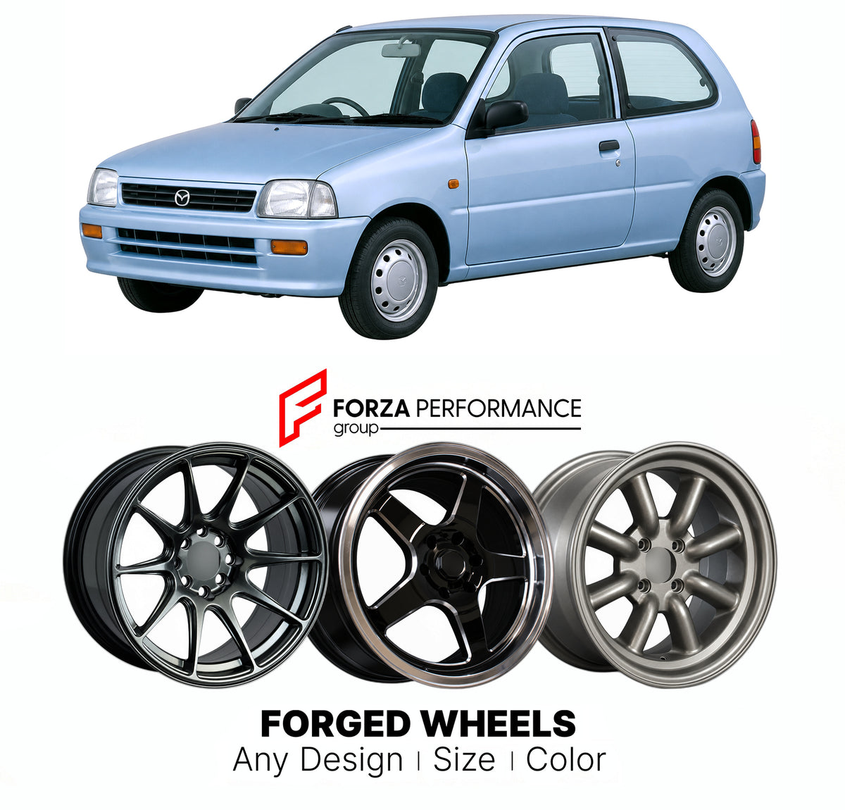 CUSTOM CLASSIC VINTAGE RESTOMOD RETRO OLD SCHOOL FORGED WHEELS RIMS for MAZDA CAROL AC 1995 - 1998

Custom forged wheels for Mazda Carol AC 1995 - 1998. Classic, vintage, restomod and retro JDM wheel designs made to order in custom sizes, offsets, colors and finishes with guaranteed fitment.

We manufacture premium quality forged wheels rims for Mazda Carol AC 1995 - 1998 in any design, size, color.

JDM WHEEL DESIGNS: our Japanese collection for hatchbacks, kei cars and MPVs includes designs inspired by RS