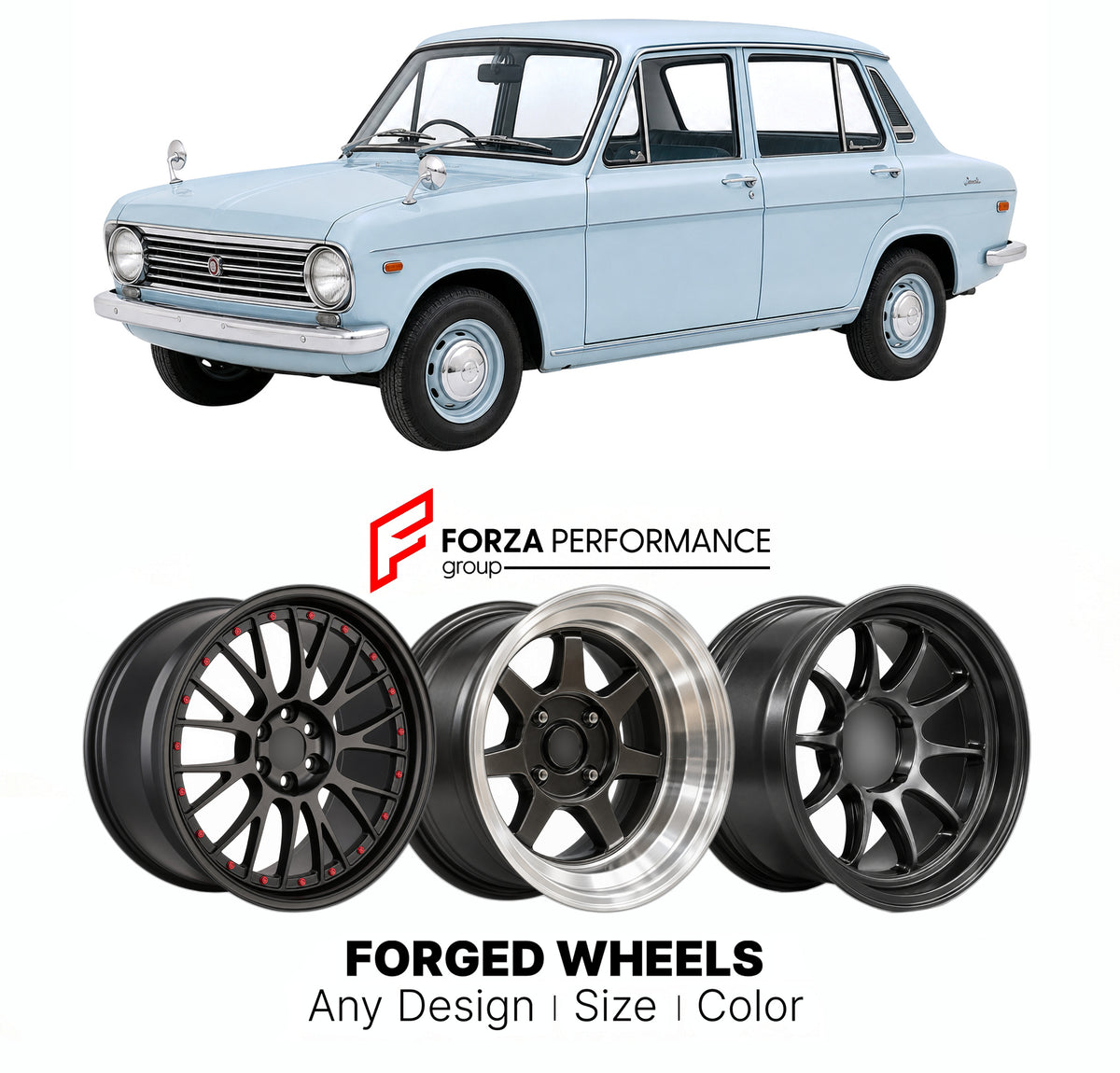 CUSTOM CLASSIC VINTAGE RESTOMOD RETRO OLD SCHOOL FORGED WHEELS RIMS for MAZDA CAROL KPDA KPDAA 1962 - 1970

Custom forged wheels for Mazda Carol KPDA KPDAA 1962 - 1970. Classic, vintage, restomod and retro JDM wheel designs made to order in custom sizes, offsets, colors and finishes with guaranteed fitment.

We manufacture premium quality forged wheels rims for Mazda Carol KPDA KPDAA 1962 - 1970 in any design, size, color.

JDM WHEEL DESIGNS: our Japanese collection for hatchbacks, kei cars and MPVs include
