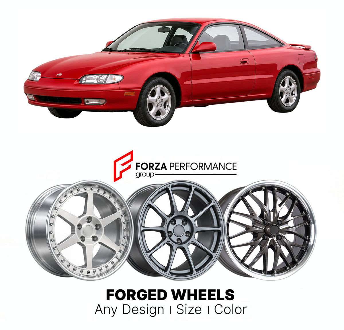 CUSTOM CLASSIC VINTAGE RESTOMOD RETRO OLD SCHOOL FORGED WHEELS RIMS for MAZDA MX-6 GE 1991 - 1997

Custom forged wheels for Mazda MX-6 GE 1991 - 1997. Classic, vintage, restomod and retro JDM wheel designs made to order in custom sizes, offsets, colors and finishes with guaranteed fitment.

We manufacture premium quality forged wheels rims for Mazda MX-6 GE 1991 - 1997 in any design, size, color.

JDM WHEEL DESIGNS: our Japanese collection for sports cars and coupes includes designs inspired by Rays Volk Ra