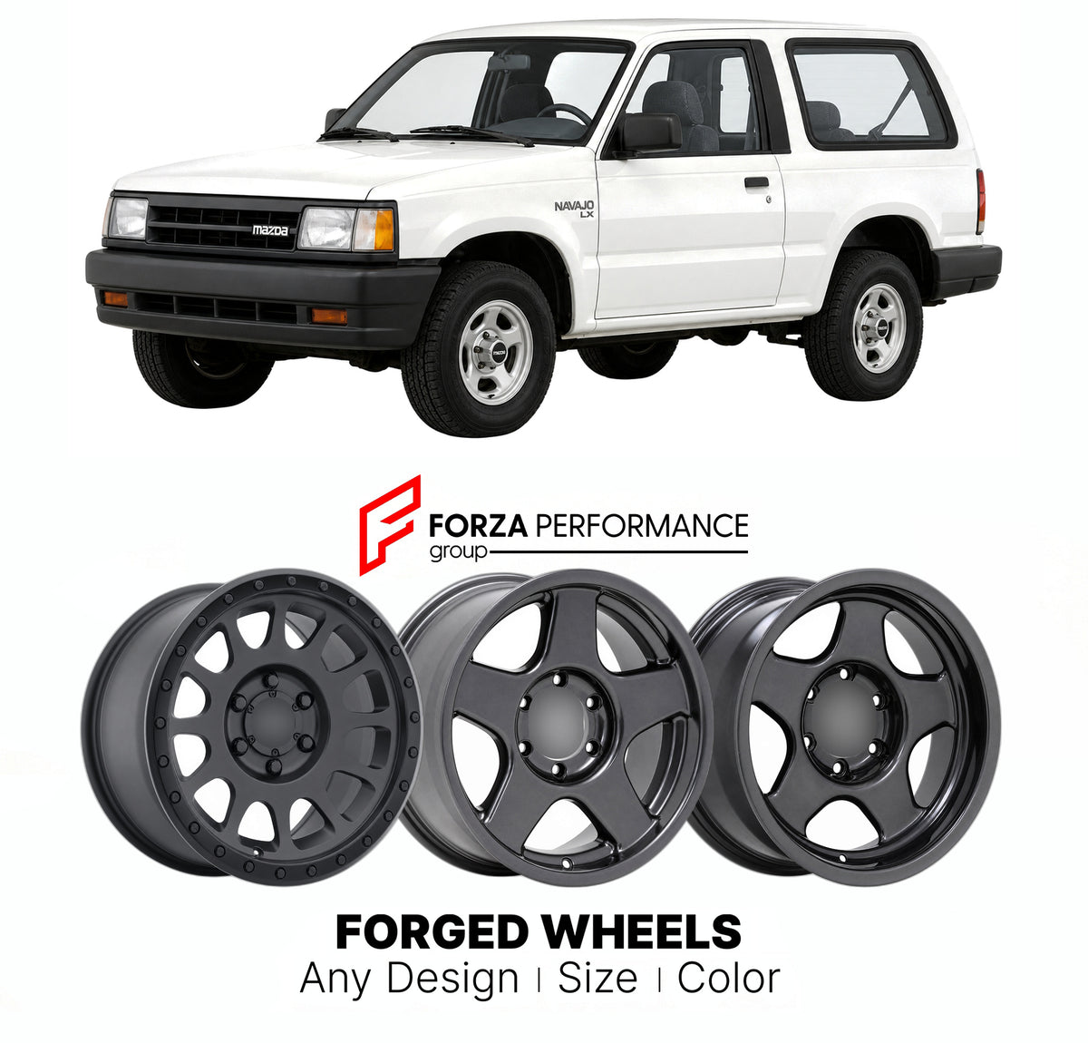 CUSTOM CLASSIC VINTAGE RESTOMOD RETRO OLD SCHOOL FORGED WHEELS RIMS for MAZDA NAVAJO UN 1991 - 1994

Custom forged wheels for Mazda Navajo UN 1991 - 1994. Classic, vintage, restomod and retro JDM wheel designs made to order in custom sizes, offsets, colors and finishes with guaranteed fitment.

We manufacture premium quality forged wheels rims for Mazda Navajo UN 1991 - 1994 in any design, size, color.

JDM WHEEL DESIGNS: our Japanese collection for SUVs and pickups includes designs inspired by Bradley V, M