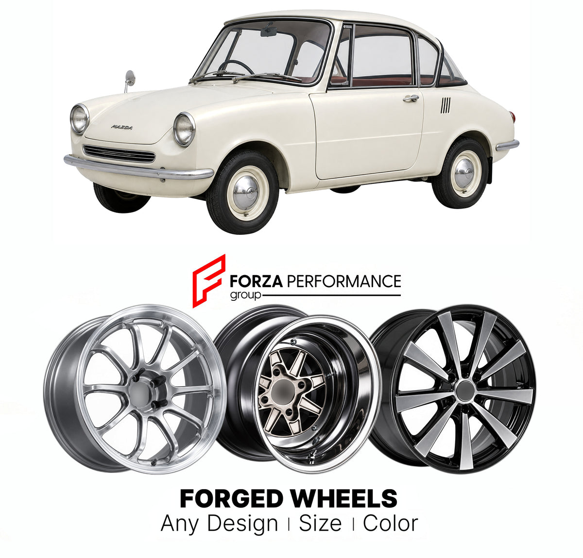 CUSTOM CLASSIC VINTAGE RESTOMOD RETRO OLD SCHOOL FORGED WHEELS RIMS for MAZDA R360 KRBB 1960 - 1966

Custom forged wheels for Mazda R360 KRBB 1960 - 1966. Classic, vintage, restomod and retro JDM wheel designs made to order in custom sizes, offsets, colors and finishes with guaranteed fitment.

We manufacture premium quality forged wheels rims for Mazda R360 KRBB 1960 - 1966 in any design, size, color.

JDM WHEEL DESIGNS: our Japanese collection for hatchbacks, kei cars and MPVs includes designs inspired by