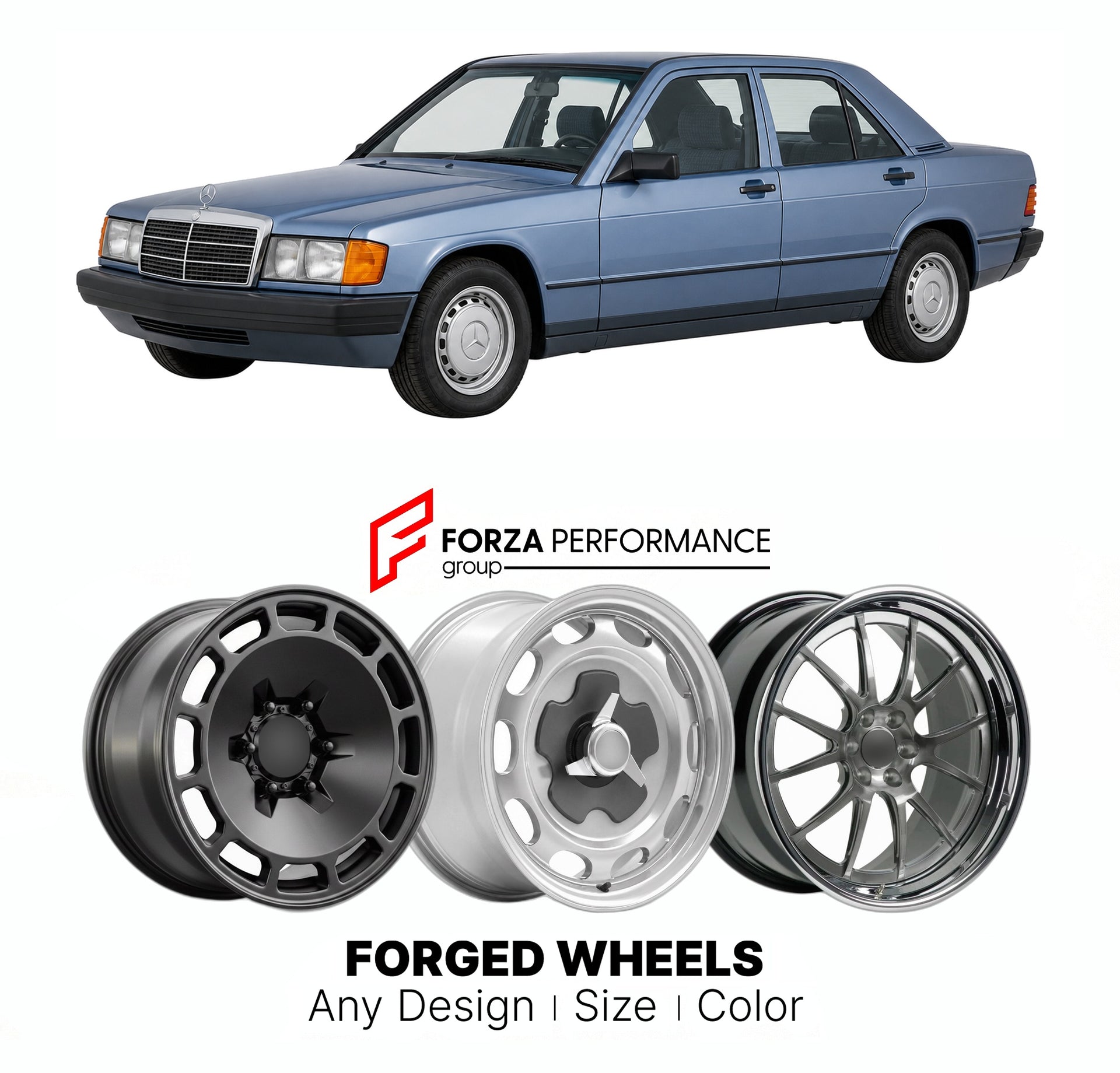 CUSTOM CLASSIC VINTAGE RESTOMOD RETRO OLD SCHOOL FORGED WHEELS RIMS for MERCEDES-BENZ 190E W201 1982 - 1993

Custom forged wheels for Mercedes-Benz 190E W201 1982 - 1993. Classic, vintage, restomod wheel designs made to order in custom sizes, offsets, colors and finishes.

We manufacture premium quality forged wheels rims for Mercedes-Benz 190E W201 1982 - 1993 in any design, size, color.

THIS WHEEL DESIGN CAN BE CUSTOM-MADE FOR YOUR CAR IN ANY SIZE AND COLOR OPTIONS
Available in monoblock, 2-piece, 3-piec