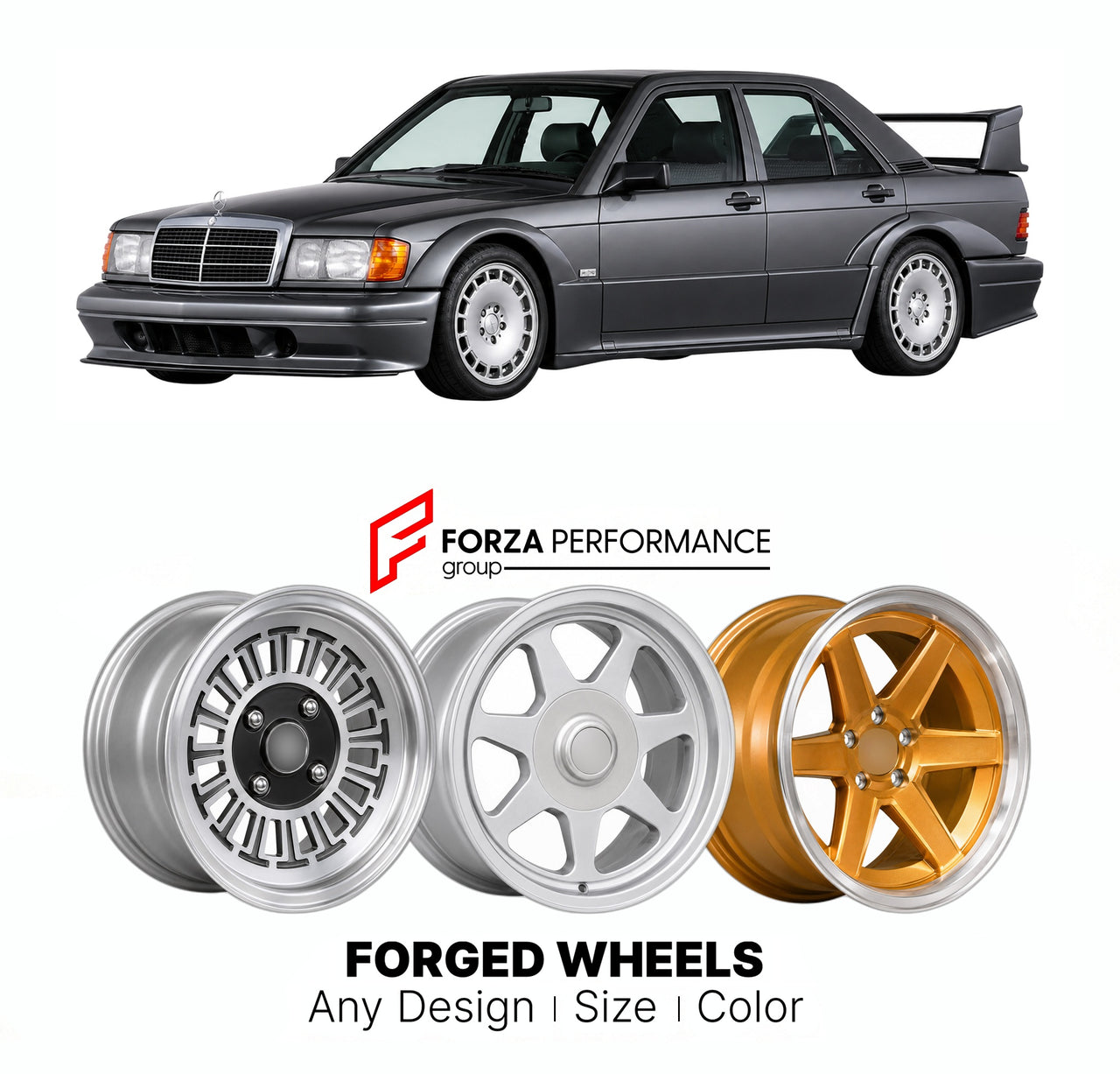CUSTOM CLASSIC VINTAGE RESTOMOD RETRO OLD SCHOOL FORGED WHEELS RIMS for MERCEDES-BENZ 190 E W201 COSWORTH EVOLUTION 1983 - 1990

Custom forged wheels for Mercedes-Benz 190 E W201 Cosworth Evolution 1983 - 1990. Classic, vintage, restomod wheel designs made to order in custom sizes, offsets, colors and finishes.

We manufacture premium quality forged wheels rims for Mercedes-Benz 190 E W201 Cosworth Evolution 1983 - 1990 in any design, size, color.

THIS WHEEL DESIGN CAN BE CUSTOM-MADE FOR YOUR CAR IN ANY SI