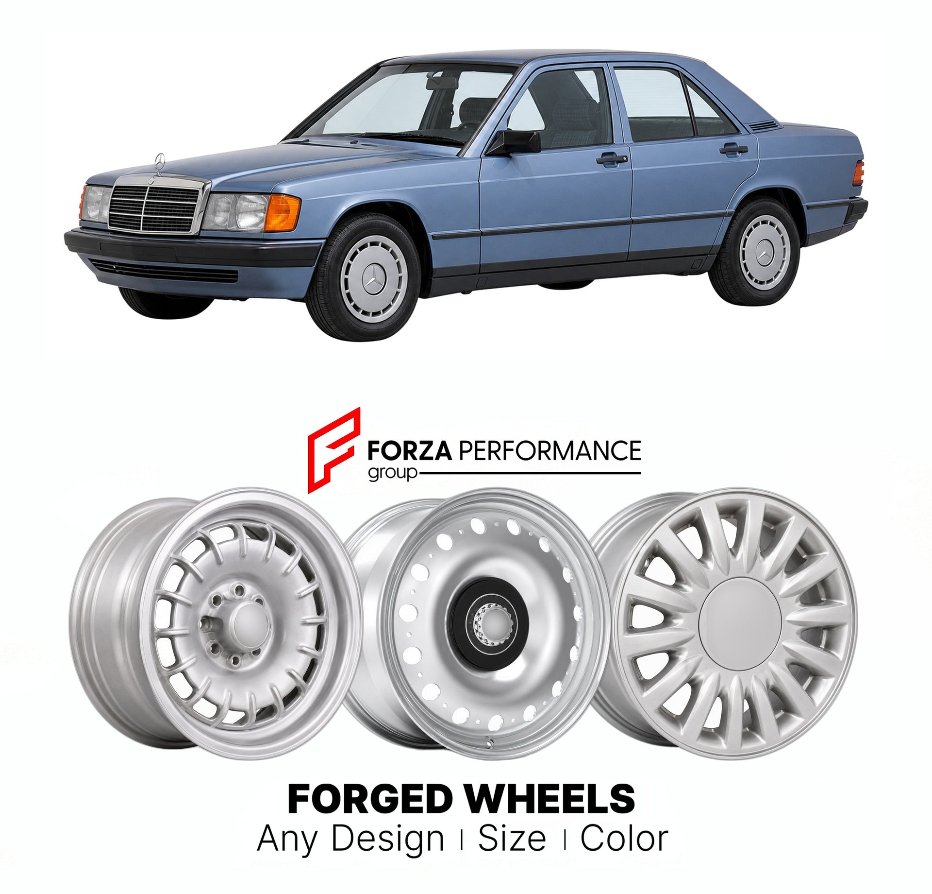 CUSTOM CLASSIC VINTAGE RESTOMOD RETRO OLD SCHOOL FORGED WHEELS RIMS for MERCEDES-BENZ 190 W201 1982 - 1993

Custom forged wheels for Mercedes-Benz 190 W201 1982 - 1993. Classic, vintage, restomod wheel designs made to order in custom sizes, offsets, colors and finishes.

We manufacture premium quality forged wheels rims for Mercedes-Benz 190 W201 1982 - 1993 in any design, size, color.

THIS WHEEL DESIGN CAN BE CUSTOM-MADE FOR YOUR CAR IN ANY SIZE AND COLOR OPTIONS
Available in monoblock, 2-piece, 3-piece, 