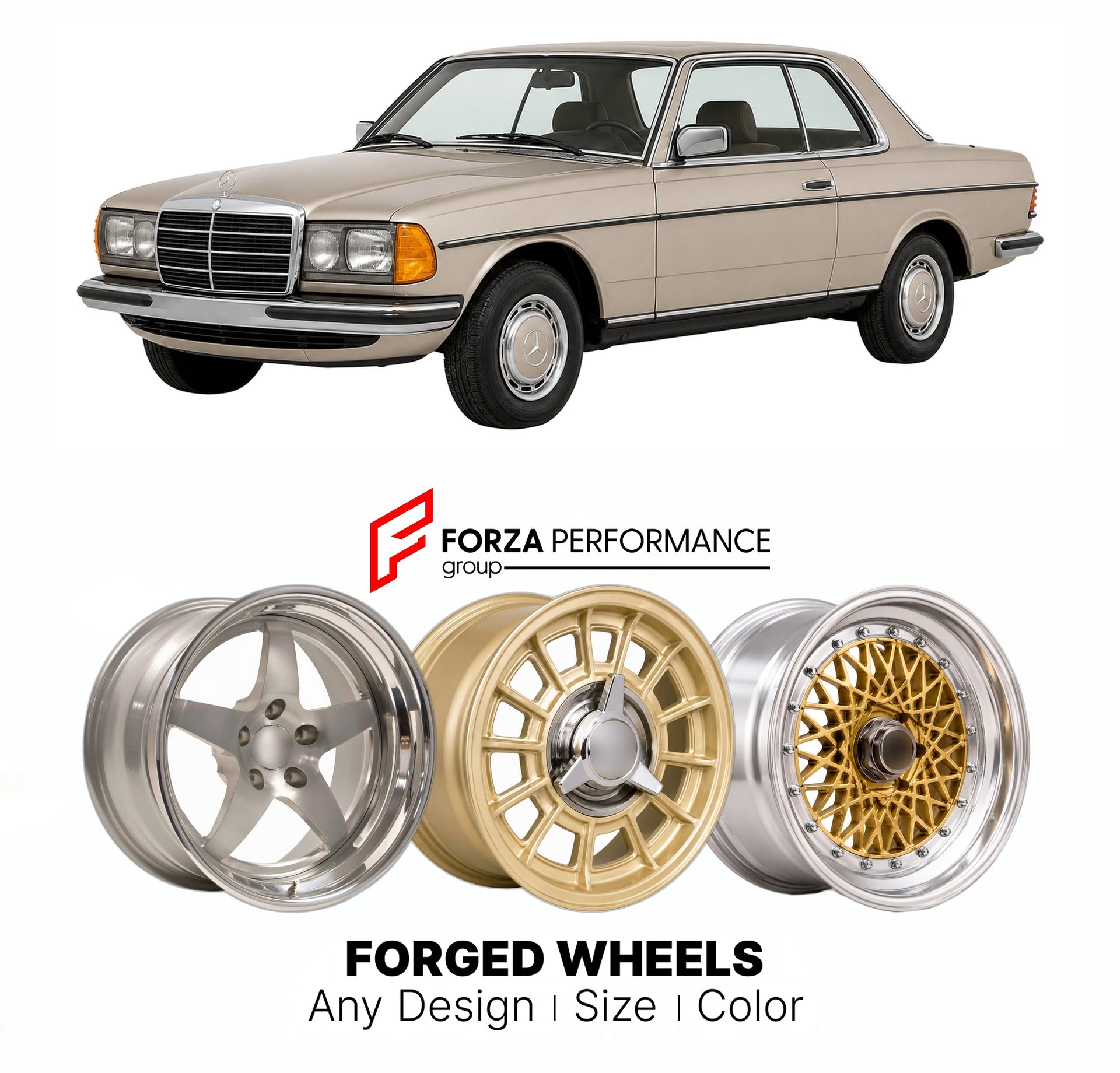 CUSTOM CLASSIC VINTAGE RESTOMOD RETRO OLD SCHOOL FORGED WHEELS RIMS for MERCEDES-BENZ 230 CE W123 COUPE 1980 - 1985

Custom forged wheels for Mercedes-Benz 230 CE W123 Coupe 1980 - 1985. Classic, vintage, restomod wheel designs made to order in custom sizes, offsets, colors and finishes.

We manufacture premium quality forged wheels rims for Mercedes-Benz 230 CE W123 Coupe 1980 - 1985 in any design, size, color.

THIS WHEEL DESIGN CAN BE CUSTOM-MADE FOR YOUR CAR IN ANY SIZE AND COLOR OPTIONS
Available in mo