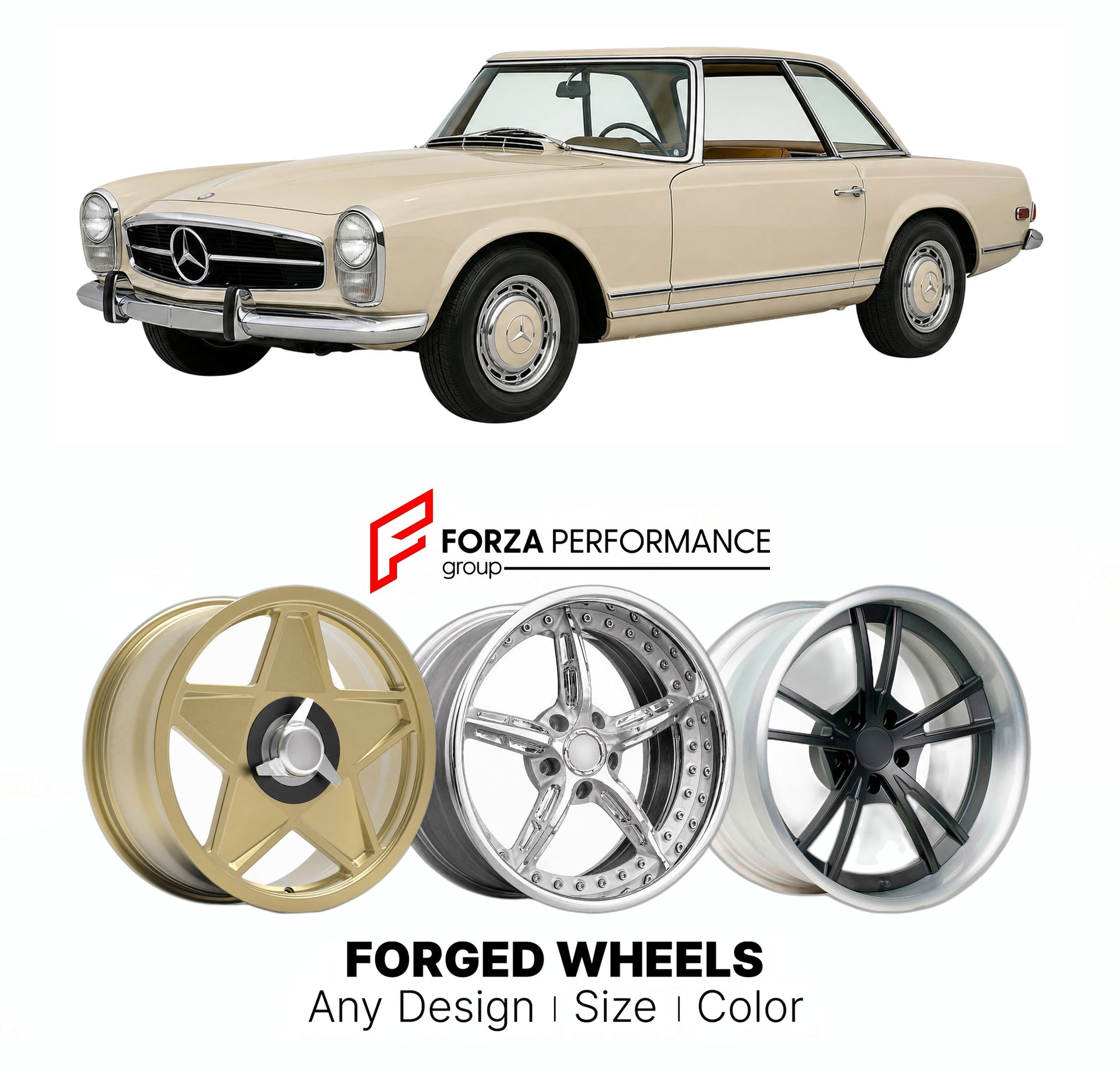 CUSTOM CLASSIC VINTAGE RESTOMOD RETRO OLD SCHOOL FORGED WHEELS RIMS for MERCEDES-BENZ 250 SL W113 PAGODA 1966 - 1968

Custom forged wheels for Mercedes-Benz 250 SL W113 Pagoda 1966 - 1968. Classic, vintage, restomod wheel designs made to order in custom sizes, offsets, colors and finishes.

We manufacture premium quality forged wheels rims for Mercedes-Benz 250 SL W113 Pagoda 1966 - 1968 in any design, size, color.

THIS WHEEL DESIGN CAN BE CUSTOM-MADE FOR YOUR CAR IN ANY SIZE AND COLOR OPTIONS
Available in