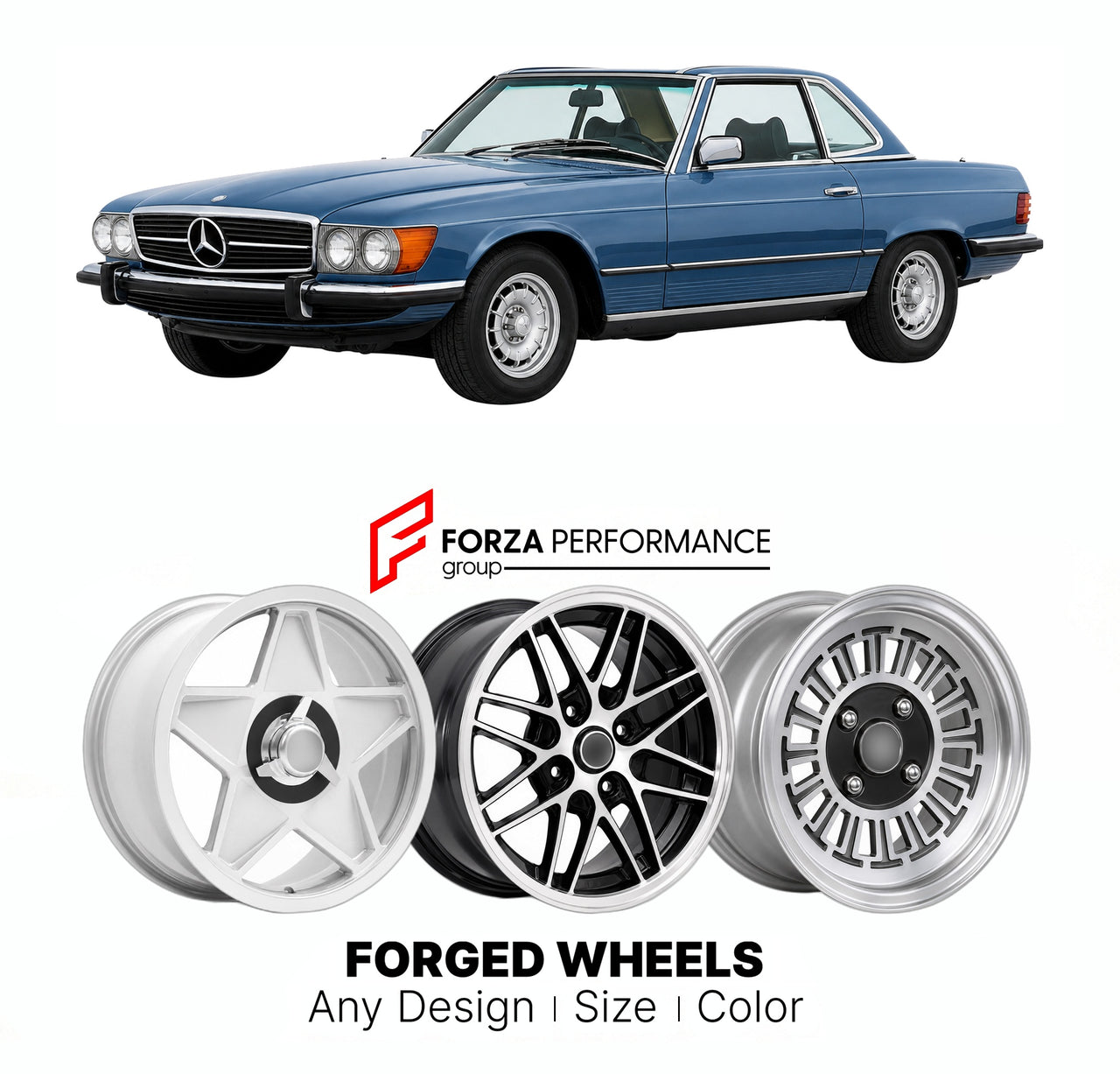 CUSTOM CLASSIC VINTAGE RESTOMOD RETRO OLD SCHOOL FORGED WHEELS RIMS for MERCEDES-BENZ 280 SL R107 1974 - 1985

Custom forged wheels for Mercedes-Benz 280 SL R107 1974 - 1985. Classic, vintage, restomod wheel designs made to order in custom sizes, offsets, colors and finishes.

We manufacture premium quality forged wheels rims for Mercedes-Benz 280 SL R107 1974 - 1985 in any design, size, color.

THIS WHEEL DESIGN CAN BE CUSTOM-MADE FOR YOUR CAR IN ANY SIZE AND COLOR OPTIONS
Available in monoblock, 2-piece, 