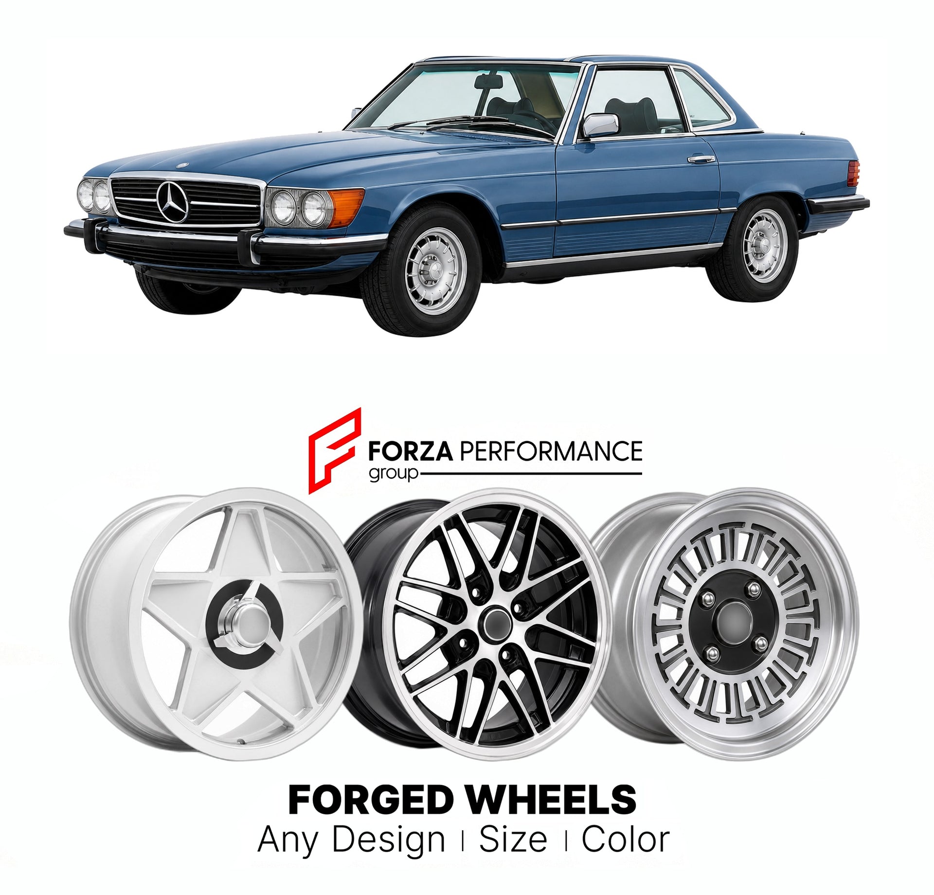 CUSTOM CLASSIC VINTAGE RESTOMOD RETRO OLD SCHOOL FORGED WHEELS RIMS for MERCEDES-BENZ 280 SL R107 1974 - 1985

Custom forged wheels for Mercedes-Benz 280 SL R107 1974 - 1985. Classic, vintage, restomod wheel designs made to order in custom sizes, offsets, colors and finishes.

We manufacture premium quality forged wheels rims for Mercedes-Benz 280 SL R107 1974 - 1985 in any design, size, color.

THIS WHEEL DESIGN CAN BE CUSTOM-MADE FOR YOUR CAR IN ANY SIZE AND COLOR OPTIONS
Available in monoblock, 2-piece, 