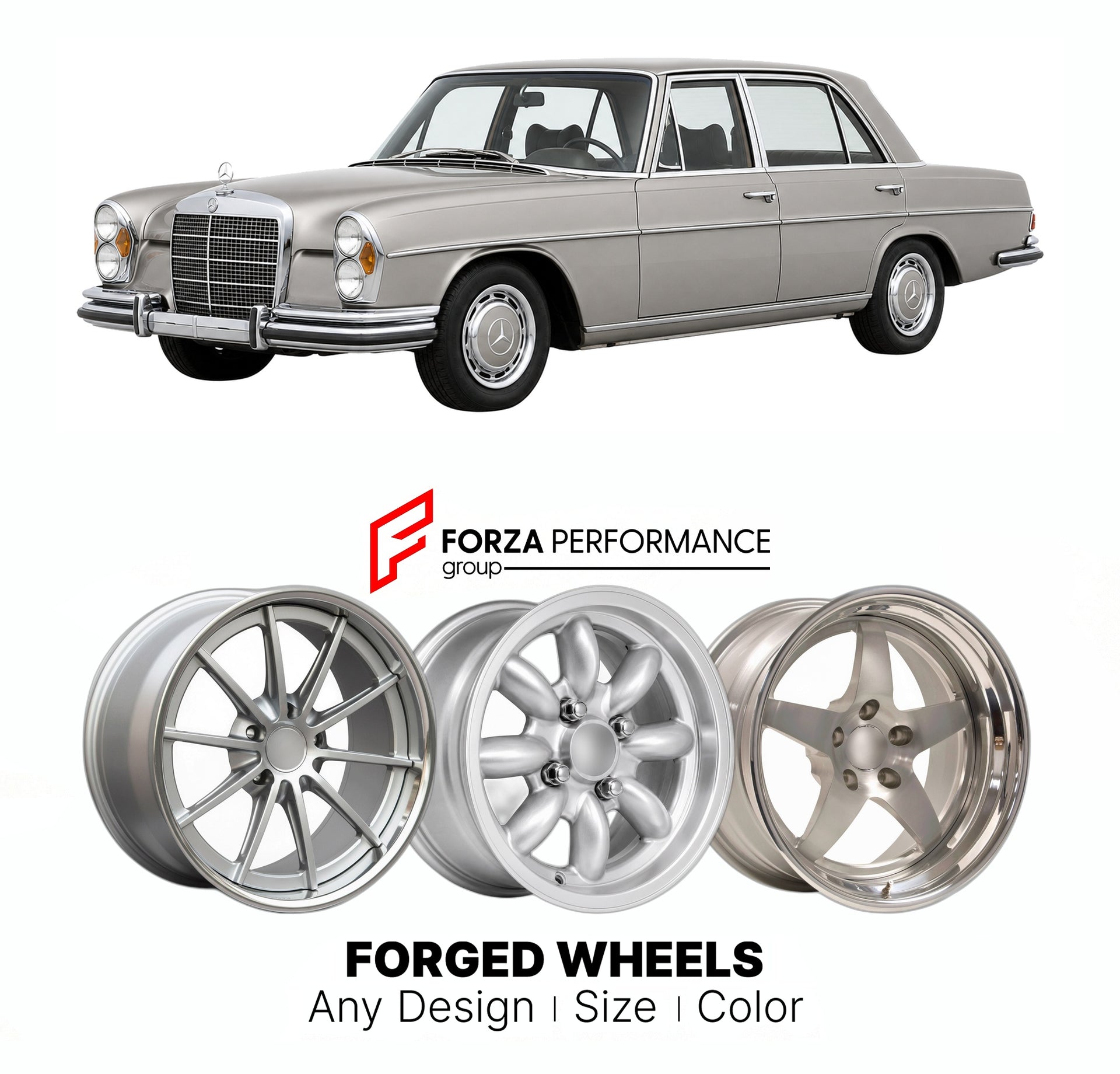 CUSTOM CLASSIC VINTAGE RESTOMOD RETRO OLD SCHOOL FORGED WHEELS RIMS for MERCEDES-BENZ 300 SEL 6.3 W109 1968 - 1972

Custom forged wheels for Mercedes-Benz 300 SEL 6.3 W109 1968 - 1972. Classic, vintage, restomod wheel designs made to order in custom sizes, offsets, colors and finishes.

We manufacture premium quality forged wheels rims for Mercedes-Benz 300 SEL 6.3 W109 1968 - 1972 in any design, size, color.

THIS WHEEL DESIGN CAN BE CUSTOM-MADE FOR YOUR CAR IN ANY SIZE AND COLOR OPTIONS
Available in monob