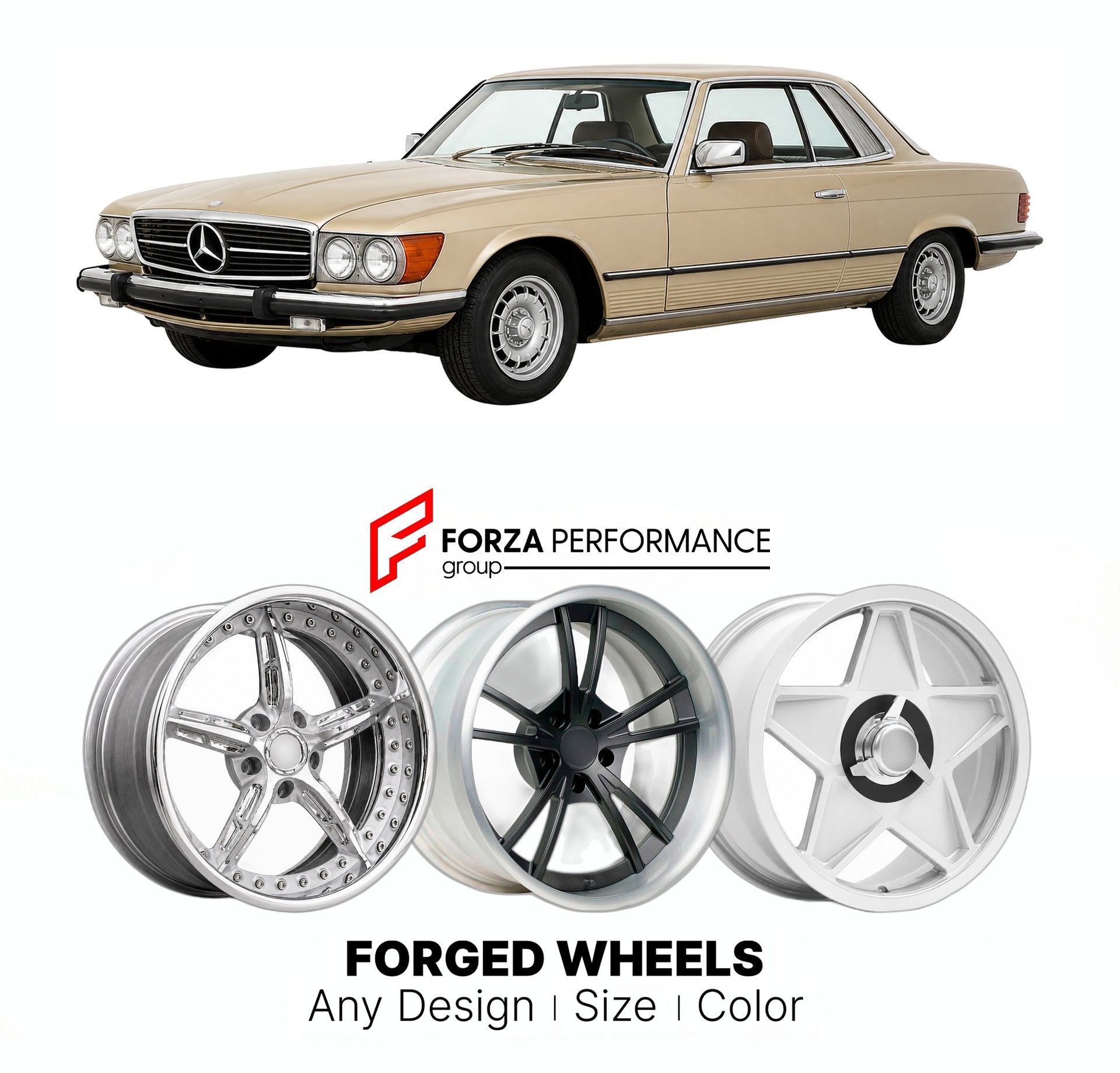 CUSTOM CLASSIC VINTAGE RESTOMOD RETRO OLD SCHOOL FORGED WHEELS RIMS for MERCEDES-BENZ 300 SLC C107 1971 - 1981

Custom forged wheels for Mercedes-Benz 300 SLC C107 1971 - 1981. Classic, vintage, restomod wheel designs made to order in custom sizes, offsets, colors and finishes.

We manufacture premium quality forged wheels rims for Mercedes-Benz 300 SLC C107 1971 - 1981 in any design, size, color.

THIS WHEEL DESIGN CAN BE CUSTOM-MADE FOR YOUR CAR IN ANY SIZE AND COLOR OPTIONS
Available in monoblock, 2-piec