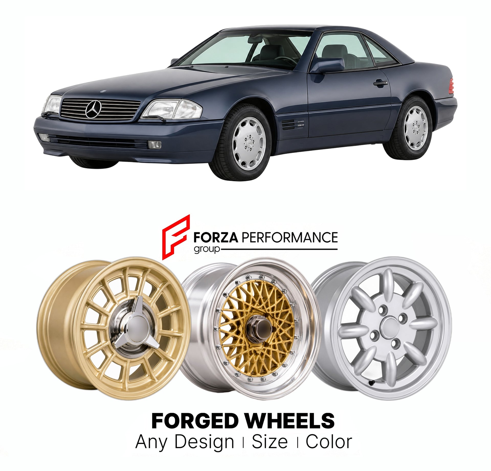 CUSTOM CLASSIC VINTAGE RESTOMOD RETRO OLD SCHOOL FORGED WHEELS RIMS for MERCEDES-BENZ 300 SL R129 1989 - 1993

Custom forged wheels for Mercedes-Benz 300 SL R129 1989 - 1993. Classic, vintage, restomod wheel designs made to order in custom sizes, offsets, colors and finishes.

We manufacture premium quality forged wheels rims for Mercedes-Benz 300 SL R129 1989 - 1993 in any design, size, color.

THIS WHEEL DESIGN CAN BE CUSTOM-MADE FOR YOUR CAR IN ANY SIZE AND COLOR OPTIONS
Available in monoblock, 2-piece, 