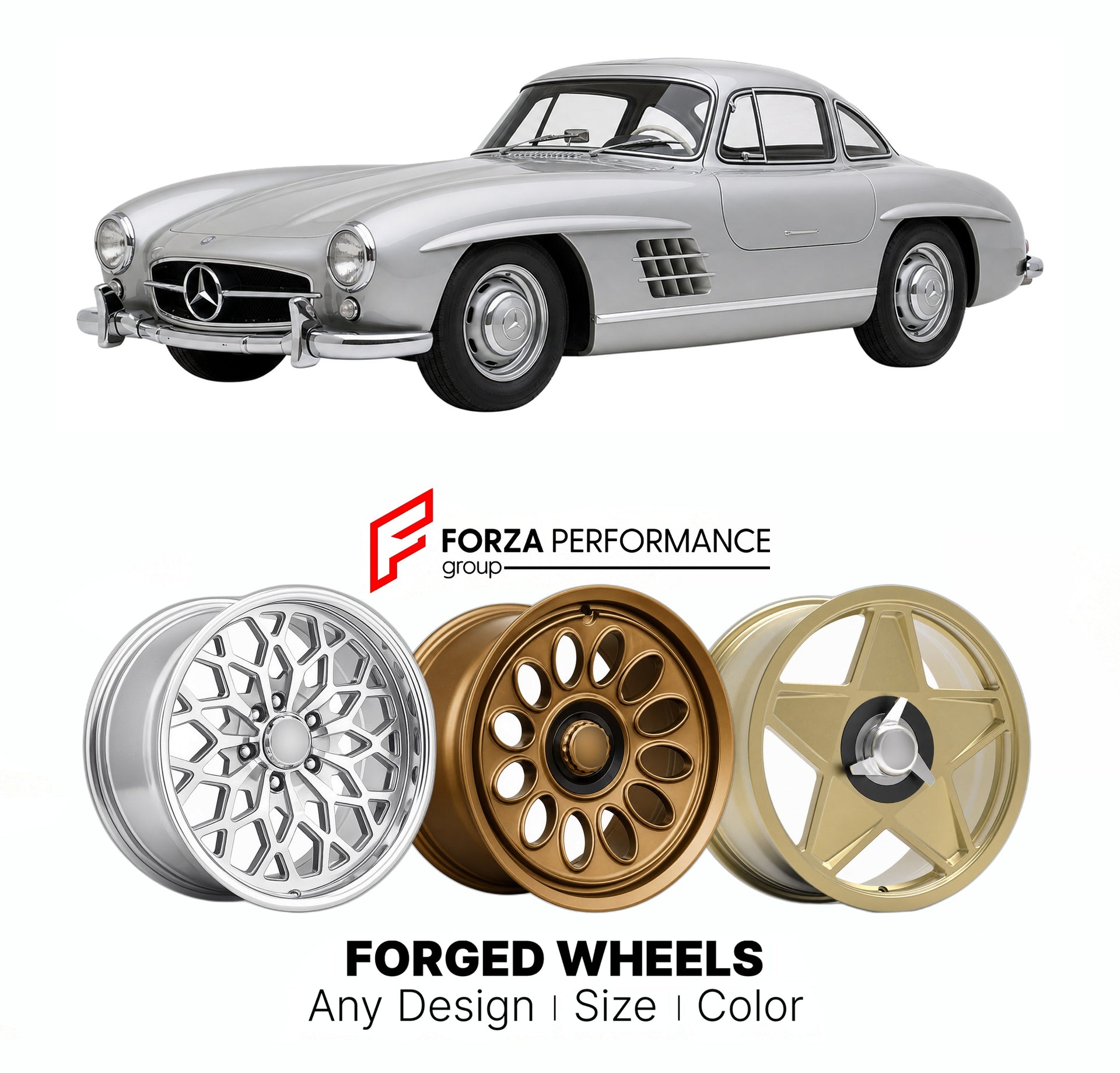 CUSTOM CLASSIC VINTAGE RESTOMOD RETRO OLD SCHOOL FORGED WHEELS RIMS for MERCEDES-BENZ 300 SL W198 1957 - 1963

Custom forged wheels for Mercedes-Benz 300 SL W198 1957 - 1963. Classic, vintage, restomod wheel designs made to order in custom sizes, offsets, colors and finishes.

We manufacture premium quality forged wheels rims for Mercedes-Benz 300 SL W198 1957 - 1963 in any design, size, color.

THIS WHEEL DESIGN CAN BE CUSTOM-MADE FOR YOUR CAR IN ANY SIZE AND COLOR OPTIONS
Available in monoblock, 2-piece, 