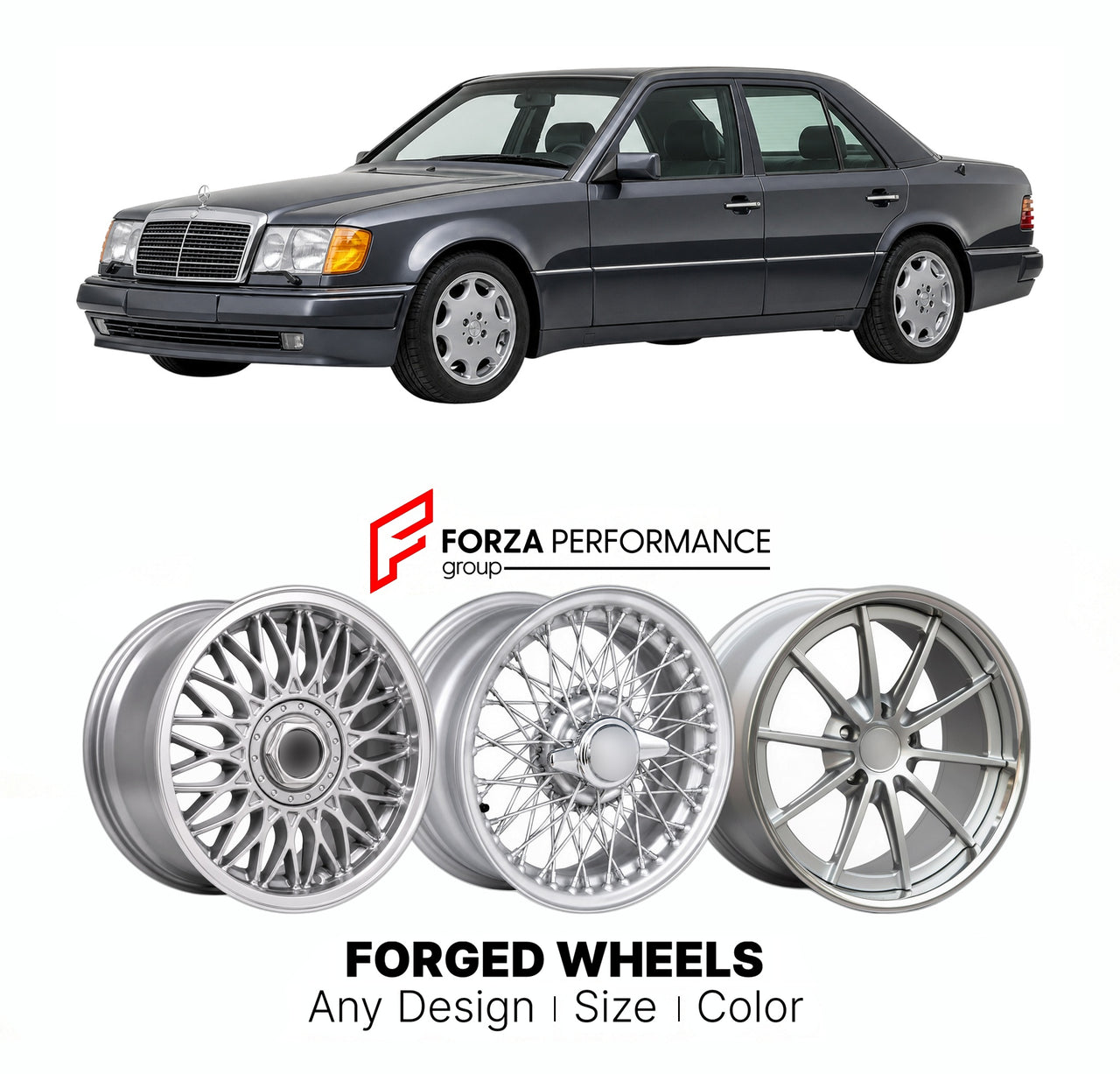 CUSTOM CLASSIC VINTAGE RESTOMOD RETRO OLD SCHOOL FORGED WHEELS RIMS for MERCEDES-BENZ 500 E W124 1990 - 1995

Custom forged wheels for Mercedes-Benz 500 E W124 1990 - 1995. Classic, vintage, restomod wheel designs made to order in custom sizes, offsets, colors and finishes.

We manufacture premium quality forged wheels rims for Mercedes-Benz 500 E W124 1990 - 1995 in any design, size, color.

THIS WHEEL DESIGN CAN BE CUSTOM-MADE FOR YOUR CAR IN ANY SIZE AND COLOR OPTIONS
Available in monoblock, 2-piece, 3-p