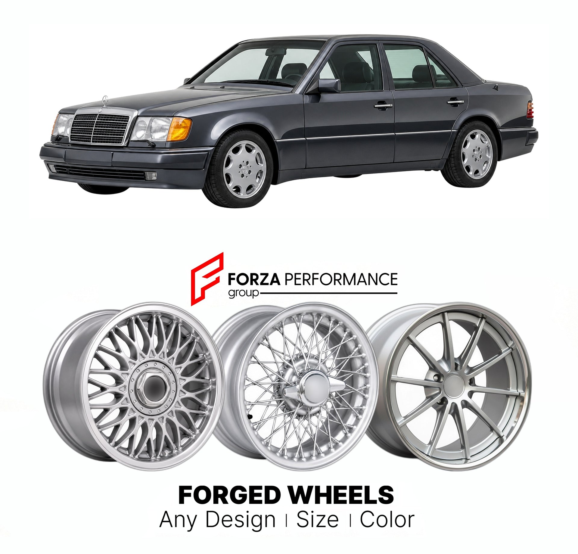 CUSTOM CLASSIC VINTAGE RESTOMOD RETRO OLD SCHOOL FORGED WHEELS RIMS for MERCEDES-BENZ 500 E W124 1990 - 1995

Custom forged wheels for Mercedes-Benz 500 E W124 1990 - 1995. Classic, vintage, restomod wheel designs made to order in custom sizes, offsets, colors and finishes.

We manufacture premium quality forged wheels rims for Mercedes-Benz 500 E W124 1990 - 1995 in any design, size, color.

THIS WHEEL DESIGN CAN BE CUSTOM-MADE FOR YOUR CAR IN ANY SIZE AND COLOR OPTIONS
Available in monoblock, 2-piece, 3-p