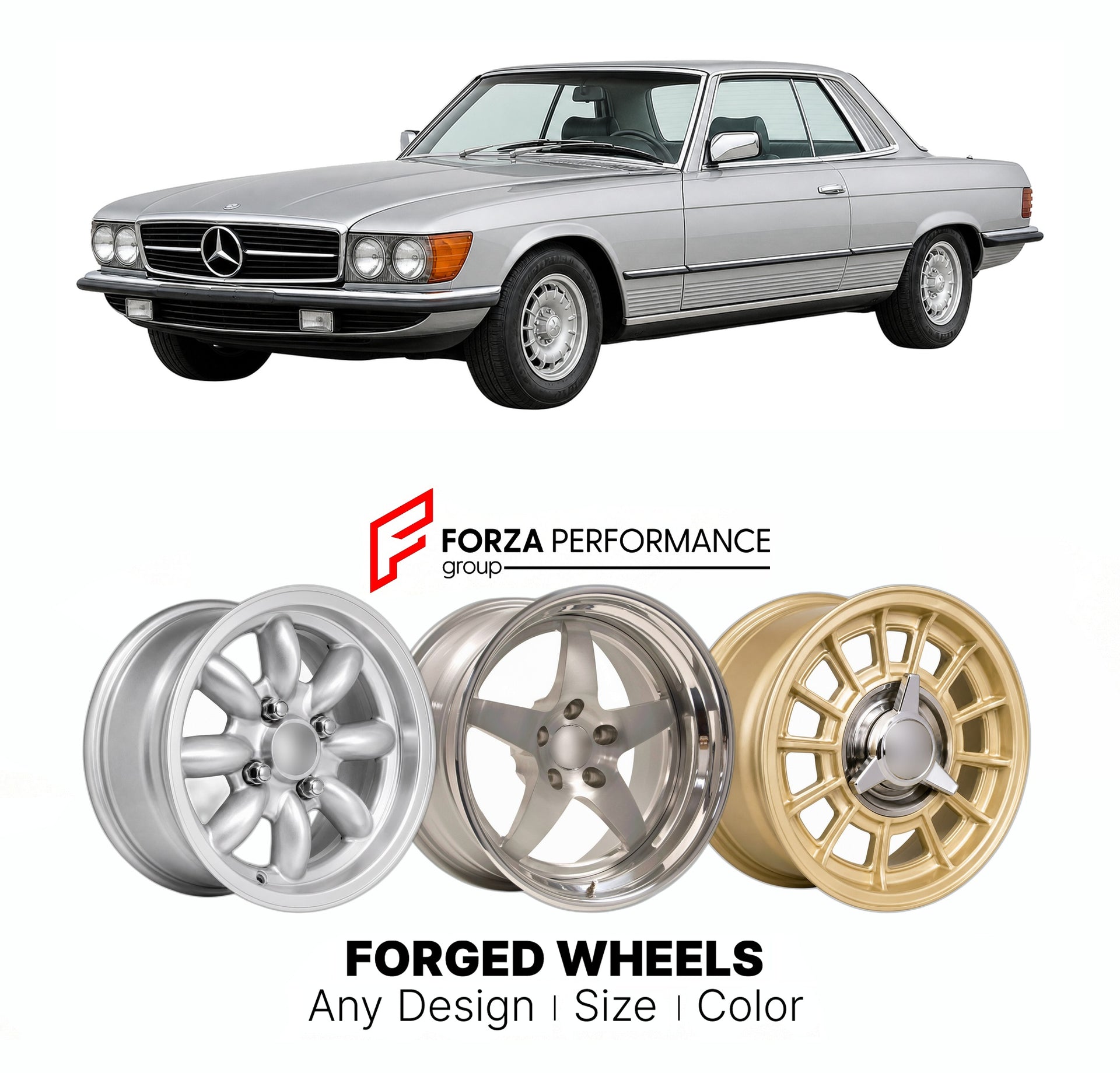 CUSTOM CLASSIC VINTAGE RESTOMOD RETRO OLD SCHOOL FORGED WHEELS RIMS for MERCEDES-BENZ 500 SLC C107 1980 - 1981

Custom forged wheels for Mercedes-Benz 500 SLC C107 1980 - 1981. Classic, vintage, restomod wheel designs made to order in custom sizes, offsets, colors and finishes.

We manufacture premium quality forged wheels rims for Mercedes-Benz 500 SLC C107 1980 - 1981 in any design, size, color.

THIS WHEEL DESIGN CAN BE CUSTOM-MADE FOR YOUR CAR IN ANY SIZE AND COLOR OPTIONS
Available in monoblock, 2-piec