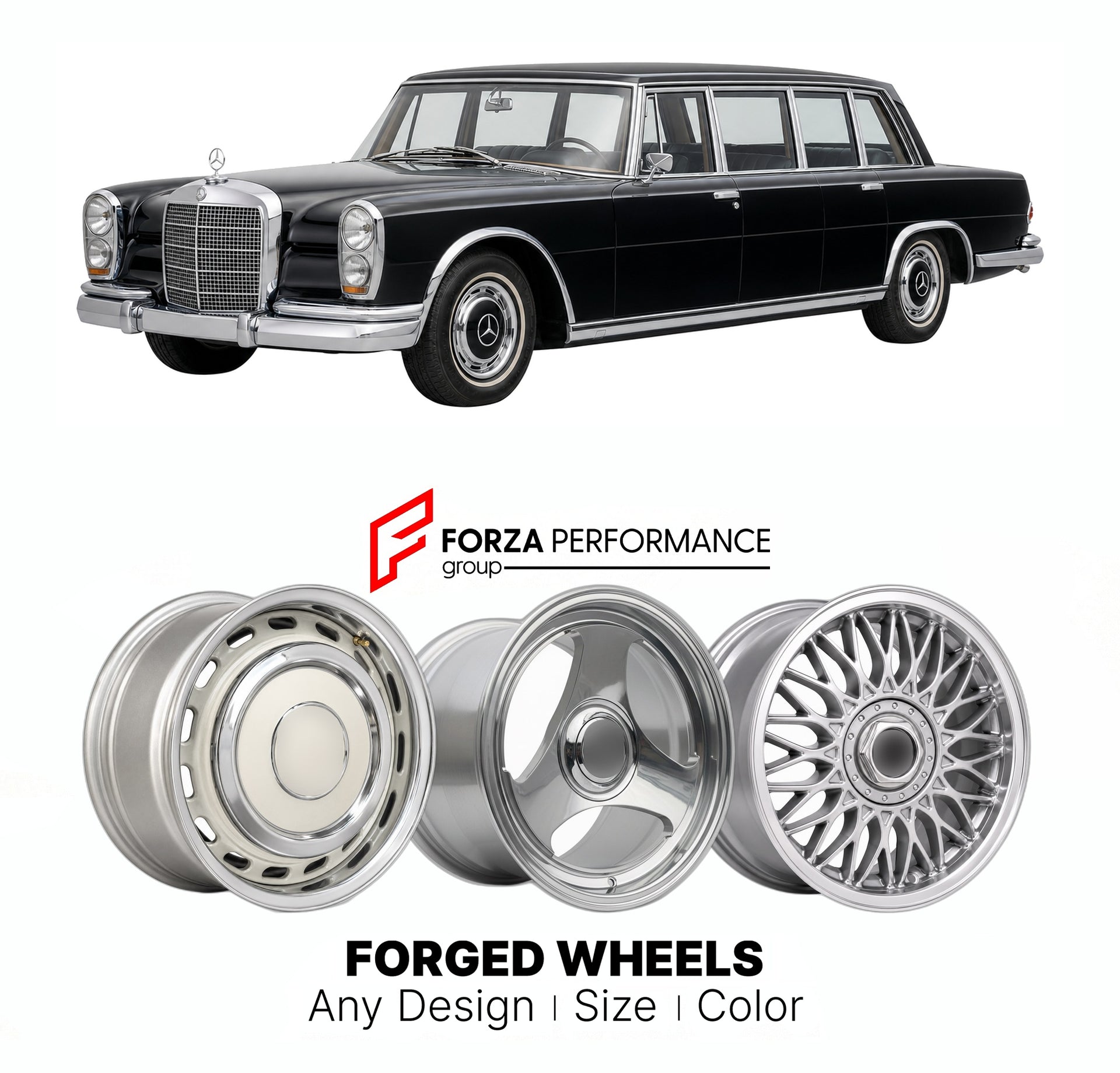 CUSTOM CLASSIC VINTAGE RESTOMOD RETRO OLD SCHOOL FORGED WHEELS RIMS for MERCEDES-BENZ 600 W100 1963 - 1981

Custom forged wheels for Mercedes-Benz 600 W100 1963 - 1981. Classic, vintage, restomod wheel designs made to order in custom sizes, offsets, colors and finishes.

We manufacture premium quality forged wheels rims for Mercedes-Benz 600 W100 1963 - 1981 in any design, size, color.

THIS WHEEL DESIGN CAN BE CUSTOM-MADE FOR YOUR CAR IN ANY SIZE AND COLOR OPTIONS
Available in monoblock, 2-piece, 3-piece, 