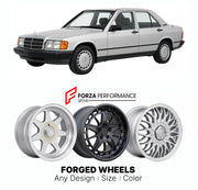 CUSTOM CLASSIC VINTAGE RESTOMOD RETRO OLD SCHOOL FORGED WHEELS RIMS for MERCEDES-BENZ C-CLASS COMPACT W201 190 190E 1982 - 1993

Custom forged wheels for Mercedes-Benz C-Class Compact W201 190 190E 1982 - 1993. Classic, vintage, restomod wheel designs made to order in custom sizes, offsets, colors and finishes.

We manufacture premium quality forged wheels rims for Mercedes-Benz C-Class Compact W201 190 190E 1982 - 1993 in any design, size, color.

THIS WHEEL DESIGN CAN BE CUSTOM-MADE FOR YOUR CAR IN ANY SI