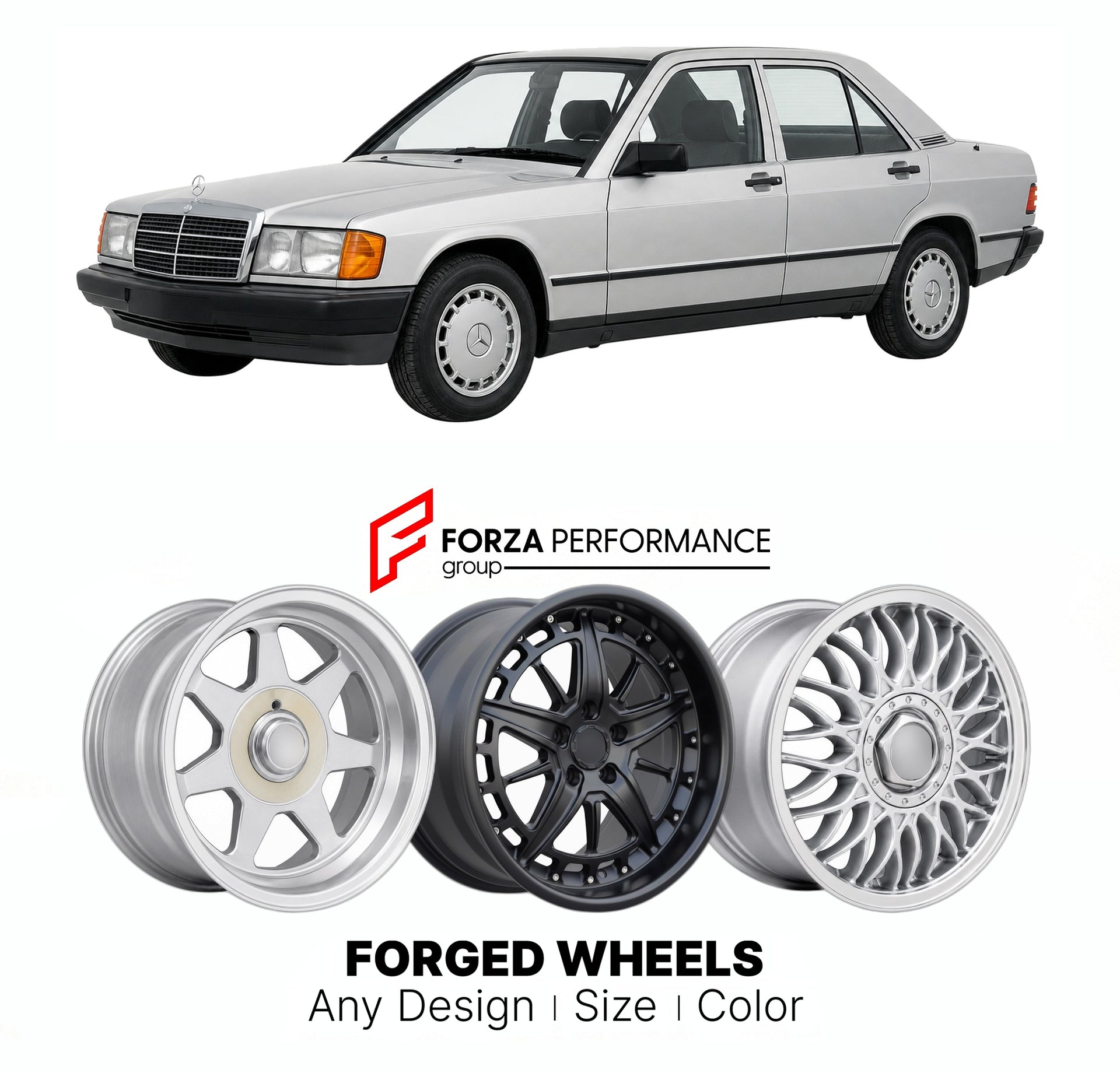 CUSTOM CLASSIC VINTAGE RESTOMOD RETRO OLD SCHOOL FORGED WHEELS RIMS for MERCEDES-BENZ C-CLASS COMPACT W201 190 190E 1982 - 1993

Custom forged wheels for Mercedes-Benz C-Class Compact W201 190 190E 1982 - 1993. Classic, vintage, restomod wheel designs made to order in custom sizes, offsets, colors and finishes.

We manufacture premium quality forged wheels rims for Mercedes-Benz C-Class Compact W201 190 190E 1982 - 1993 in any design, size, color.

THIS WHEEL DESIGN CAN BE CUSTOM-MADE FOR YOUR CAR IN ANY SI