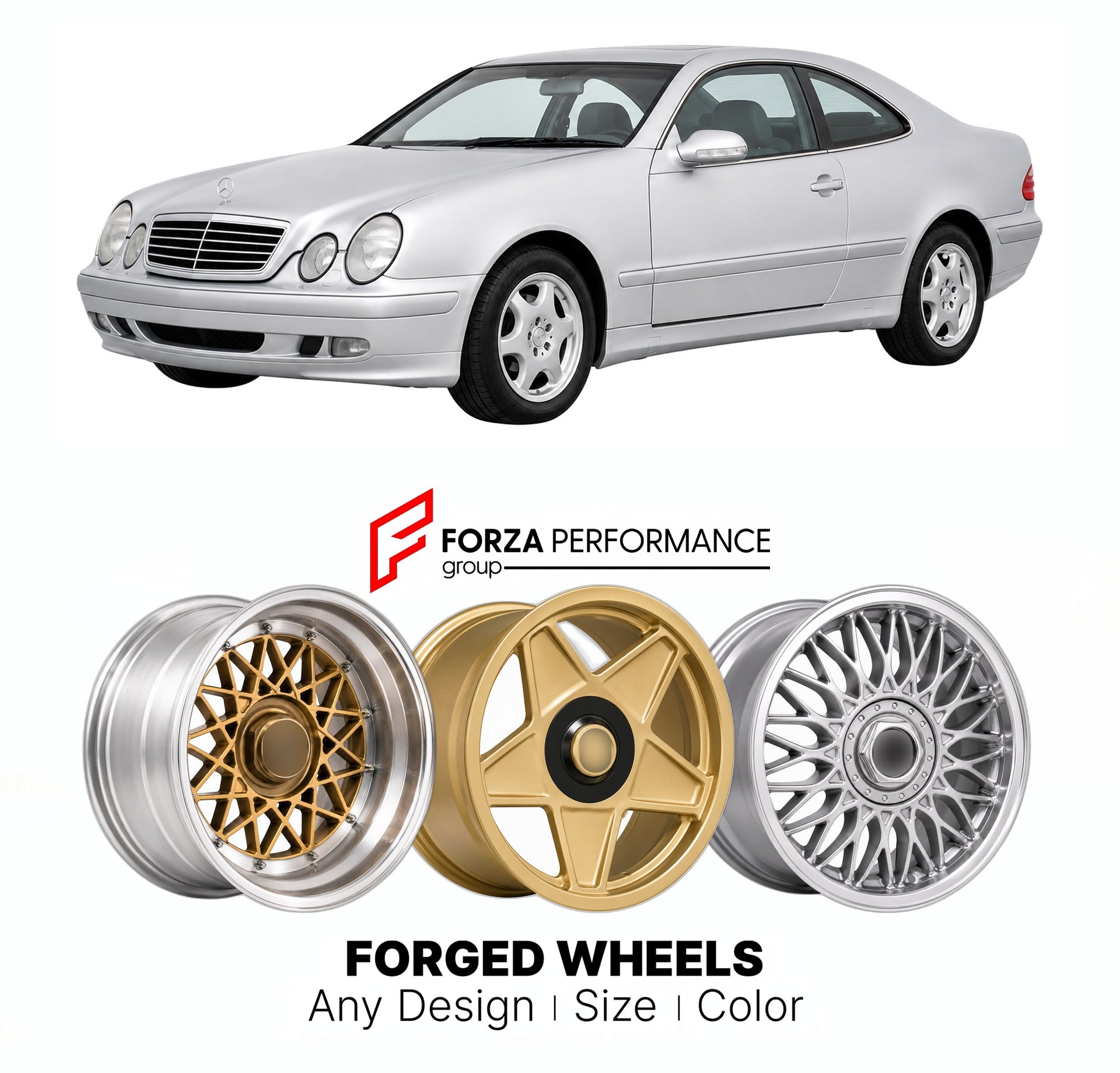 CUSTOM CLASSIC VINTAGE RESTOMOD RETRO OLD SCHOOL FORGED WHEELS RIMS for MERCEDES-BENZ CLK C208 1997 - 2002

Custom forged wheels for Mercedes-Benz CLK C208 1997 - 2002. Classic, vintage, restomod wheel designs made to order in custom sizes, offsets, colors and finishes.

We manufacture premium quality forged wheels rims for Mercedes-Benz CLK C208 1997 - 2002 in any design, size, color.

THIS WHEEL DESIGN CAN BE CUSTOM-MADE FOR YOUR CAR IN ANY SIZE AND COLOR OPTIONS
Available in monoblock, 2-piece, 3-piece, 