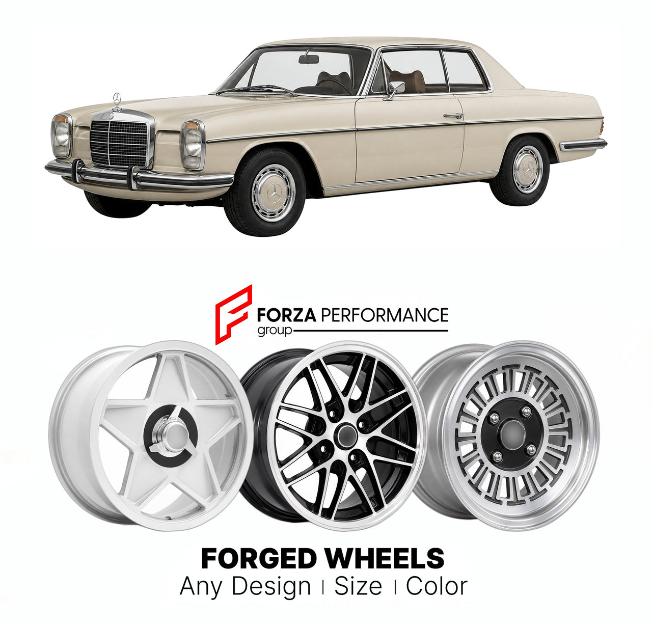CUSTOM CLASSIC VINTAGE RESTOMOD RETRO OLD SCHOOL FORGED WHEELS RIMS for MERCEDES-BENZ E-CLASS C114 COUPE 1969 - 1976

Custom forged wheels for Mercedes-Benz E-Class C114 Coupe 1969 - 1976. Classic, vintage, restomod wheel designs made to order in custom sizes, offsets, colors and finishes.

We manufacture premium quality forged wheels rims for Mercedes-Benz E-Class C114 Coupe 1969 - 1976 in any design, size, color.

THIS WHEEL DESIGN CAN BE CUSTOM-MADE FOR YOUR CAR IN ANY SIZE AND COLOR OPTIONS
Available in