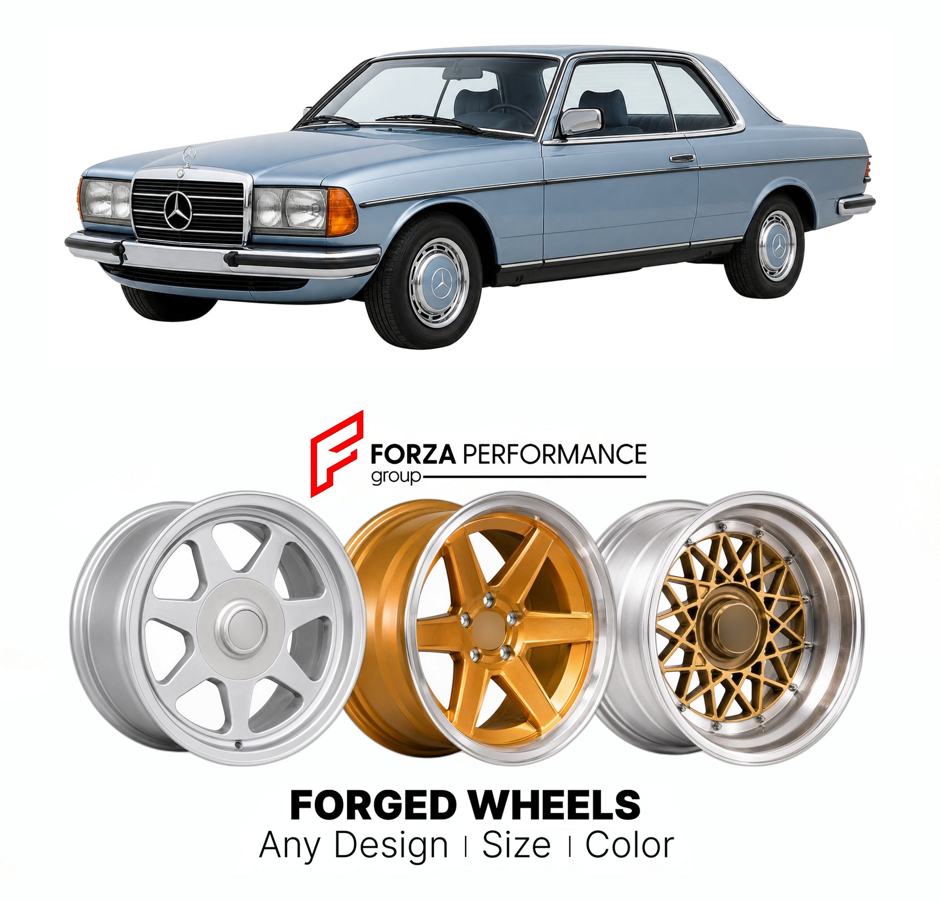 CUSTOM CLASSIC VINTAGE RESTOMOD RETRO OLD SCHOOL FORGED WHEELS RIMS for MERCEDES-BENZ E-CLASS C123 COUPE 1977 - 1985

Custom forged wheels for Mercedes-Benz E-Class C123 Coupe 1977 - 1985. Classic, vintage, restomod wheel designs made to order in custom sizes, offsets, colors and finishes.

We manufacture premium quality forged wheels rims for Mercedes-Benz E-Class C123 Coupe 1977 - 1985 in any design, size, color.

THIS WHEEL DESIGN CAN BE CUSTOM-MADE FOR YOUR CAR IN ANY SIZE AND COLOR OPTIONS
Available in