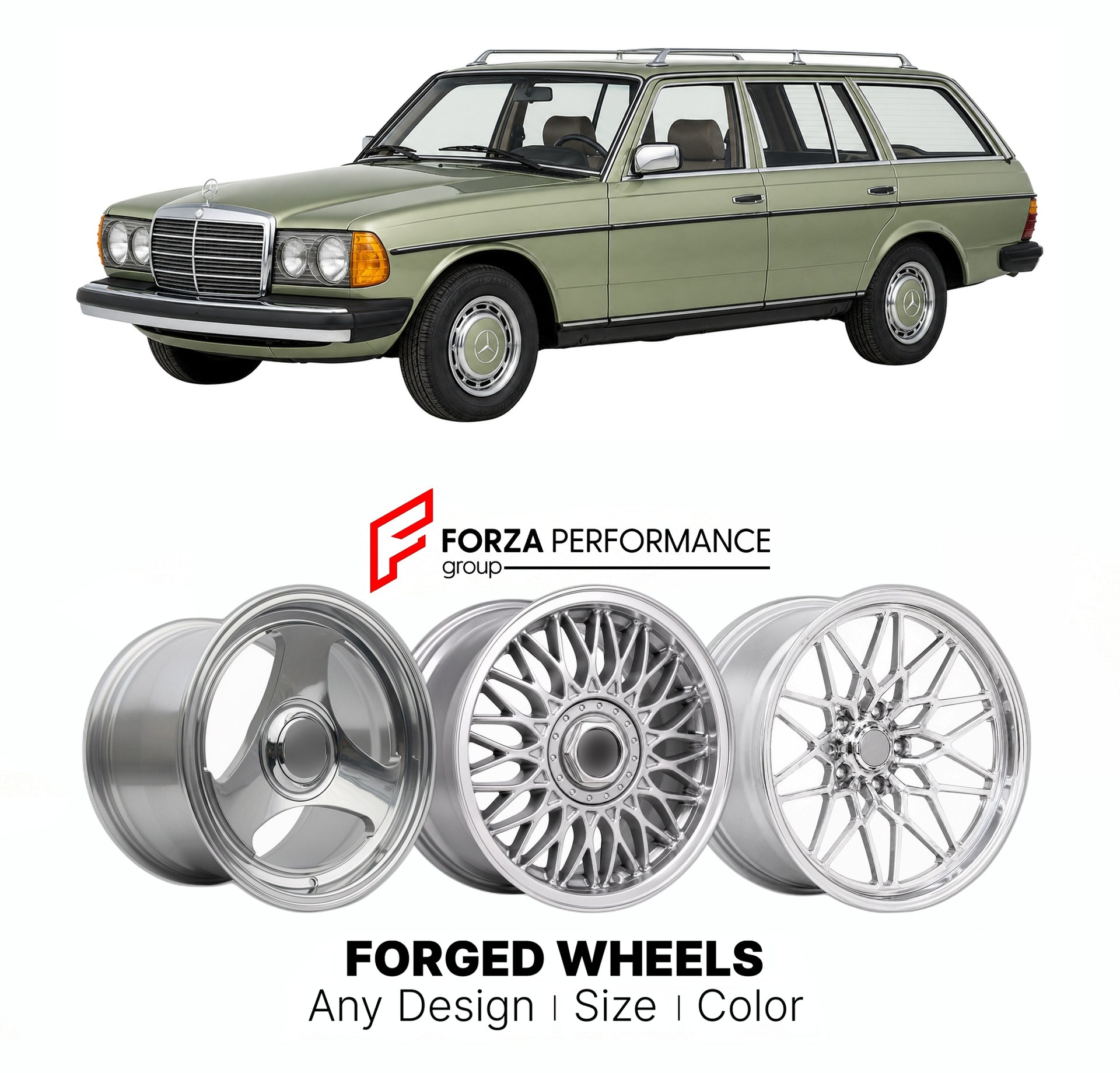 CUSTOM CLASSIC VINTAGE RESTOMOD RETRO OLD SCHOOL FORGED WHEELS RIMS for MERCEDES-BENZ E-CLASS S123 ESTATE 1977 - 1986

Custom forged wheels for Mercedes-Benz E-Class S123 Estate 1977 - 1986. Classic, vintage, restomod wheel designs made to order in custom sizes, offsets, colors and finishes.

We manufacture premium quality forged wheels rims for Mercedes-Benz E-Class S123 Estate 1977 - 1986 in any design, size, color.

THIS WHEEL DESIGN CAN BE CUSTOM-MADE FOR YOUR CAR IN ANY SIZE AND COLOR OPTIONS
Available
