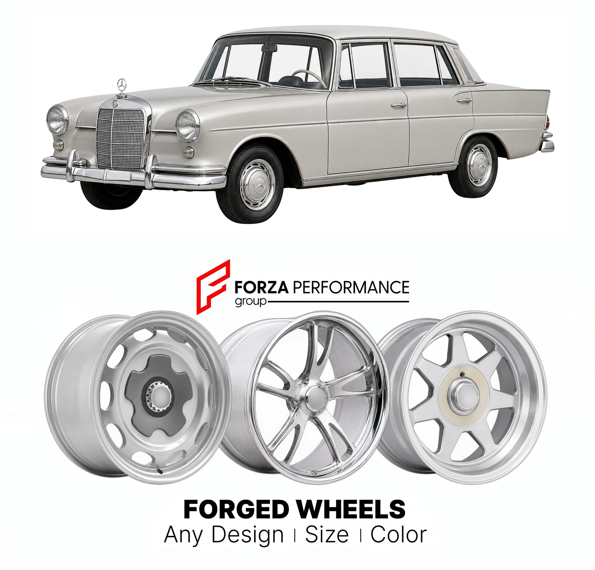 CUSTOM CLASSIC VINTAGE RESTOMOD RETRO OLD SCHOOL FORGED WHEELS RIMS for MERCEDES-BENZ E-CLASS W110 FINTAIL 1961 - 1968

Custom forged wheels for Mercedes-Benz E-Class W110 Fintail 1961 - 1968. Classic, vintage, restomod wheel designs made to order in custom sizes, offsets, colors and finishes.

We manufacture premium quality forged wheels rims for Mercedes-Benz E-Class W110 Fintail 1961 - 1968 in any design, size, color.

THIS WHEEL DESIGN CAN BE CUSTOM-MADE FOR YOUR CAR IN ANY SIZE AND COLOR OPTIONS
Availa