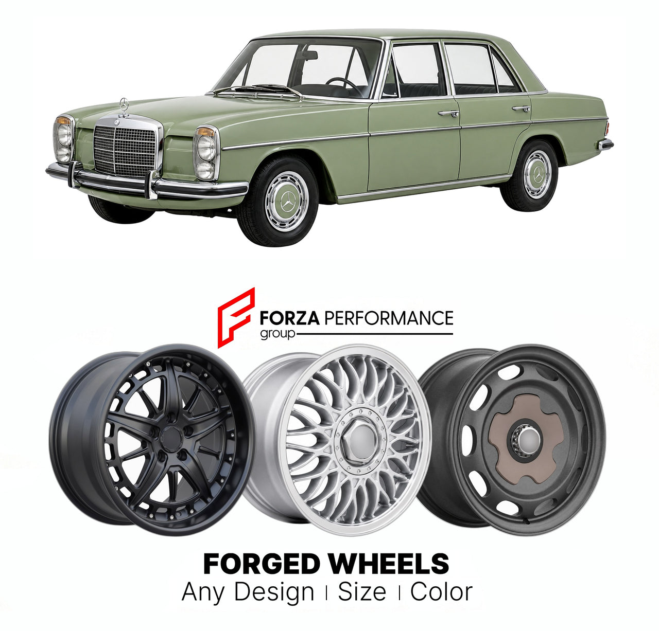 CUSTOM CLASSIC VINTAGE RESTOMOD RETRO OLD SCHOOL FORGED WHEELS RIMS for MERCEDES-BENZ E-CLASS W114 W115 STROKE-8 1968 - 1976

Custom forged wheels for Mercedes-Benz E-Class W114 W115 Stroke-8 1968 - 1976. Classic, vintage, restomod wheel designs made to order in custom sizes, offsets, colors and finishes.

We manufacture premium quality forged wheels rims for Mercedes-Benz E-Class W114 W115 Stroke-8 1968 - 1976 in any design, size, color.

THIS WHEEL DESIGN CAN BE CUSTOM-MADE FOR YOUR CAR IN ANY SIZE AND CO