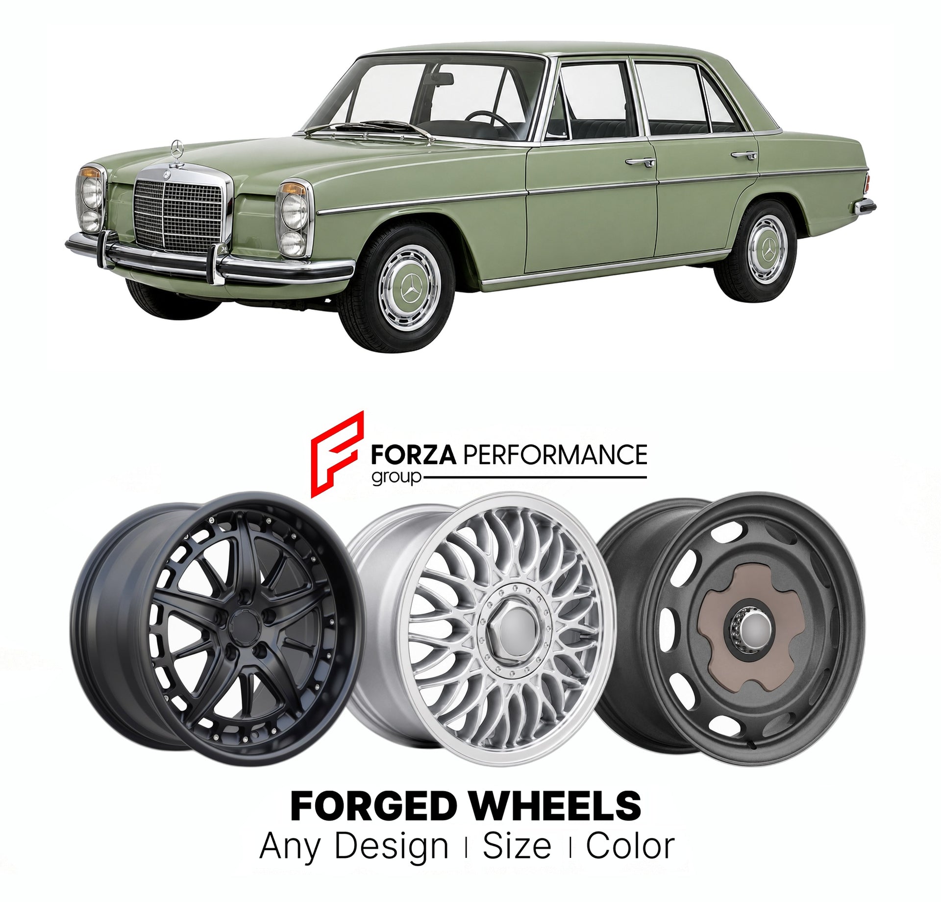 CUSTOM CLASSIC VINTAGE RESTOMOD RETRO OLD SCHOOL FORGED WHEELS RIMS for MERCEDES-BENZ E-CLASS W114 W115 STROKE-8 1968 - 1976

Custom forged wheels for Mercedes-Benz E-Class W114 W115 Stroke-8 1968 - 1976. Classic, vintage, restomod wheel designs made to order in custom sizes, offsets, colors and finishes.

We manufacture premium quality forged wheels rims for Mercedes-Benz E-Class W114 W115 Stroke-8 1968 - 1976 in any design, size, color.

THIS WHEEL DESIGN CAN BE CUSTOM-MADE FOR YOUR CAR IN ANY SIZE AND CO