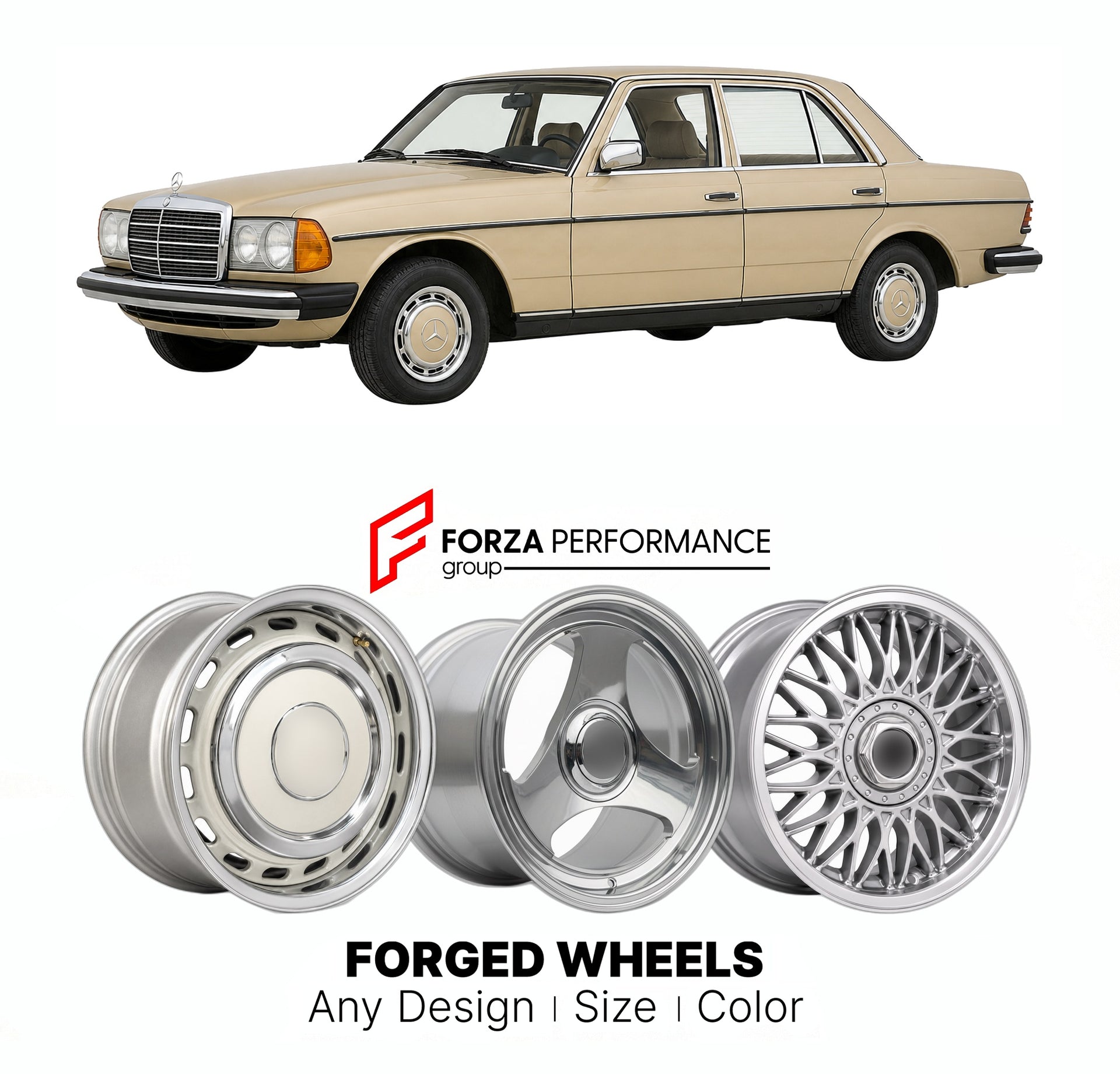 CUSTOM CLASSIC VINTAGE RESTOMOD RETRO OLD SCHOOL FORGED WHEELS RIMS for MERCEDES-BENZ E-CLASS W123 1975 - 1986

Custom forged wheels for Mercedes-Benz E-Class W123 1975 - 1986. Classic, vintage, restomod wheel designs made to order in custom sizes, offsets, colors and finishes.

We manufacture premium quality forged wheels rims for Mercedes-Benz E-Class W123 1975 - 1986 in any design, size, color.

THIS WHEEL DESIGN CAN BE CUSTOM-MADE FOR YOUR CAR IN ANY SIZE AND COLOR OPTIONS
Available in monoblock, 2-piec