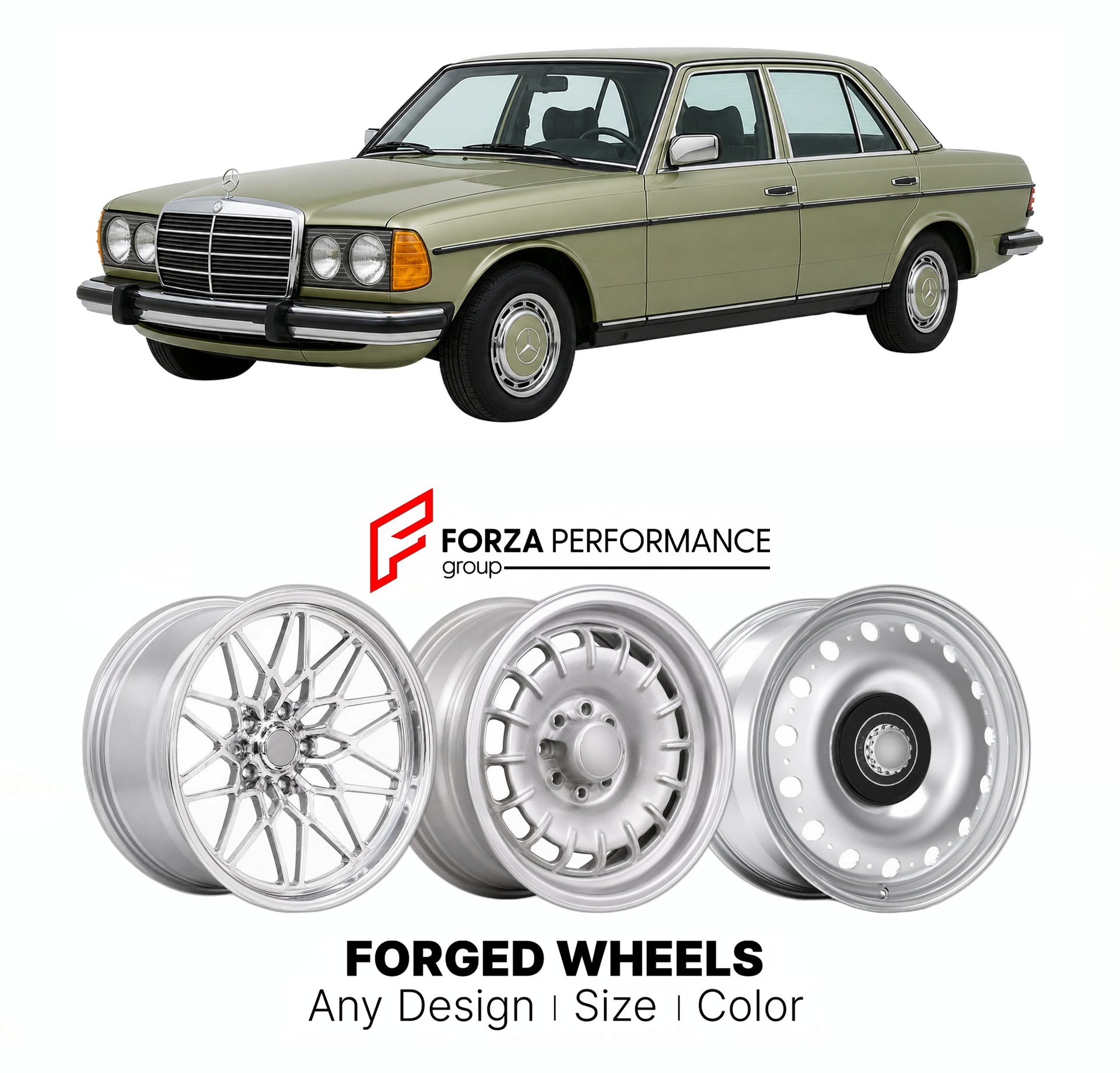 CUSTOM CLASSIC VINTAGE RESTOMOD RETRO OLD SCHOOL FORGED WHEELS RIMS for MERCEDES-BENZ E-CLASS W123 1976 - 1986

Custom forged wheels for Mercedes-Benz E-Class W123 1976 - 1986. Classic, vintage, restomod wheel designs made to order in custom sizes, offsets, colors and finishes.

We manufacture premium quality forged wheels rims for Mercedes-Benz E-Class W123 1976 - 1986 in any design, size, color.

THIS WHEEL DESIGN CAN BE CUSTOM-MADE FOR YOUR CAR IN ANY SIZE AND COLOR OPTIONS
Available in monoblock, 2-piec