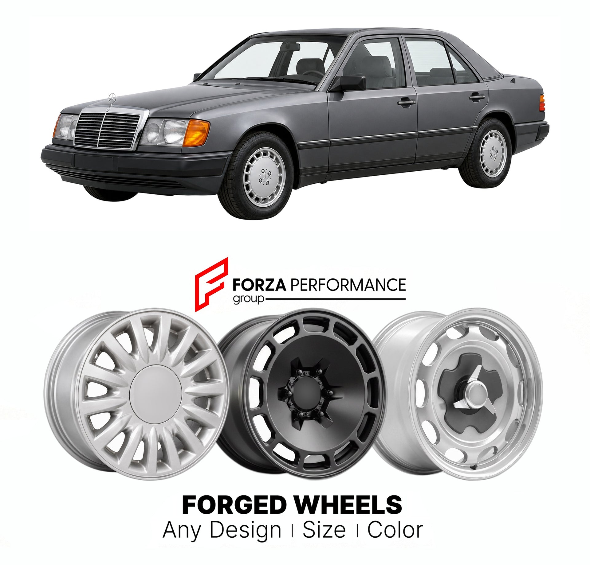 CUSTOM CLASSIC VINTAGE RESTOMOD RETRO OLD SCHOOL FORGED WHEELS RIMS for MERCEDES-BENZ E-CLASS W124 1984 - 1995

Custom forged wheels for Mercedes-Benz E-Class W124 1984 - 1995. Classic, vintage, restomod wheel designs made to order in custom sizes, offsets, colors and finishes.

We manufacture premium quality forged wheels rims for Mercedes-Benz E-Class W124 1984 - 1995 in any design, size, color.

THIS WHEEL DESIGN CAN BE CUSTOM-MADE FOR YOUR CAR IN ANY SIZE AND COLOR OPTIONS
Available in monoblock, 2-piec