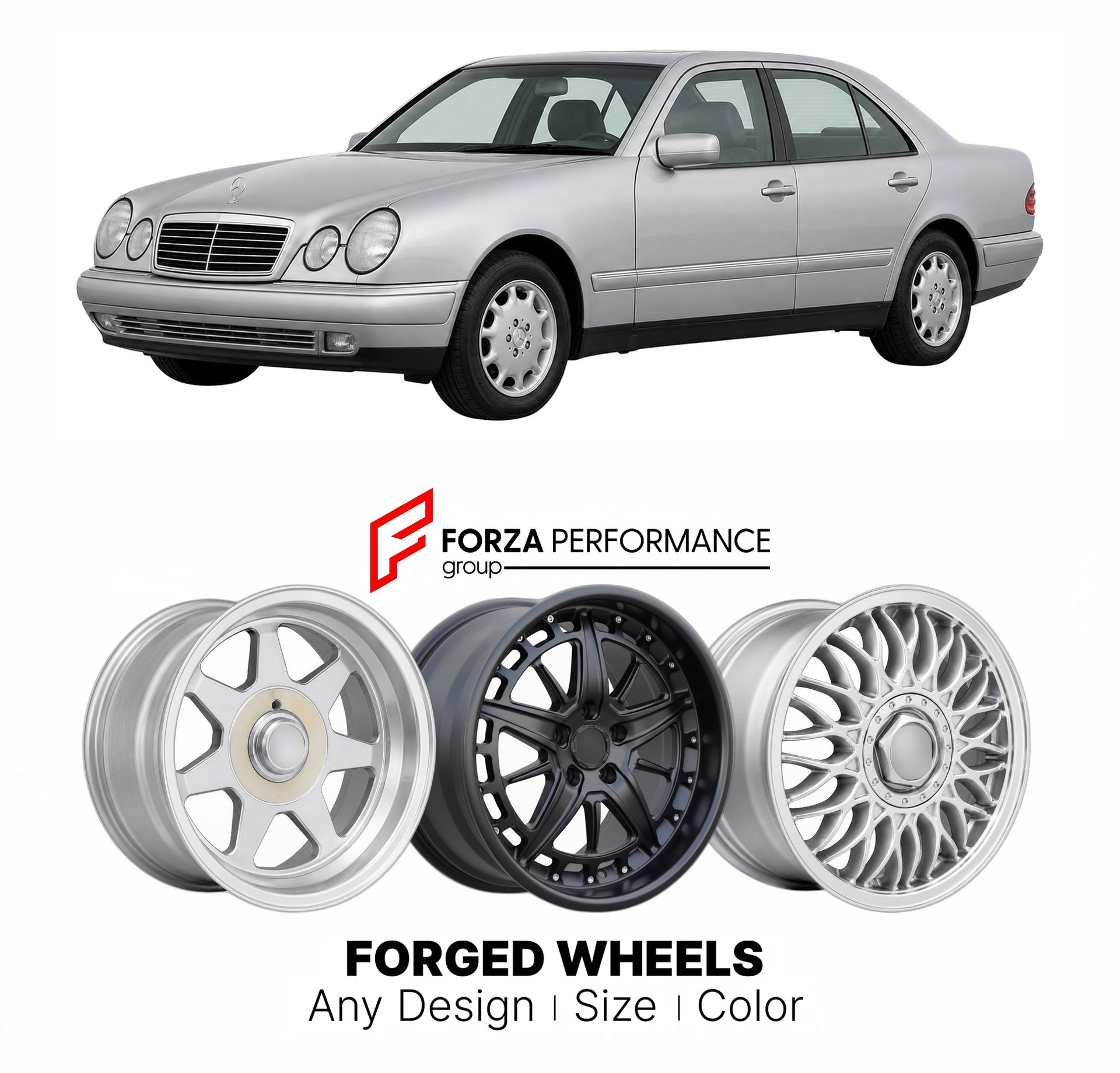 CUSTOM CLASSIC VINTAGE RESTOMOD RETRO OLD SCHOOL FORGED WHEELS RIMS for MERCEDES-BENZ E-CLASS W210 1995 - 2002

Custom forged wheels for Mercedes-Benz E-Class W210 1995 - 2002. Classic, vintage, restomod wheel designs made to order in custom sizes, offsets, colors and finishes.

We manufacture premium quality forged wheels rims for Mercedes-Benz E-Class W210 1995 - 2002 in any design, size, color.

THIS WHEEL DESIGN CAN BE CUSTOM-MADE FOR YOUR CAR IN ANY SIZE AND COLOR OPTIONS
Available in monoblock, 2-piec