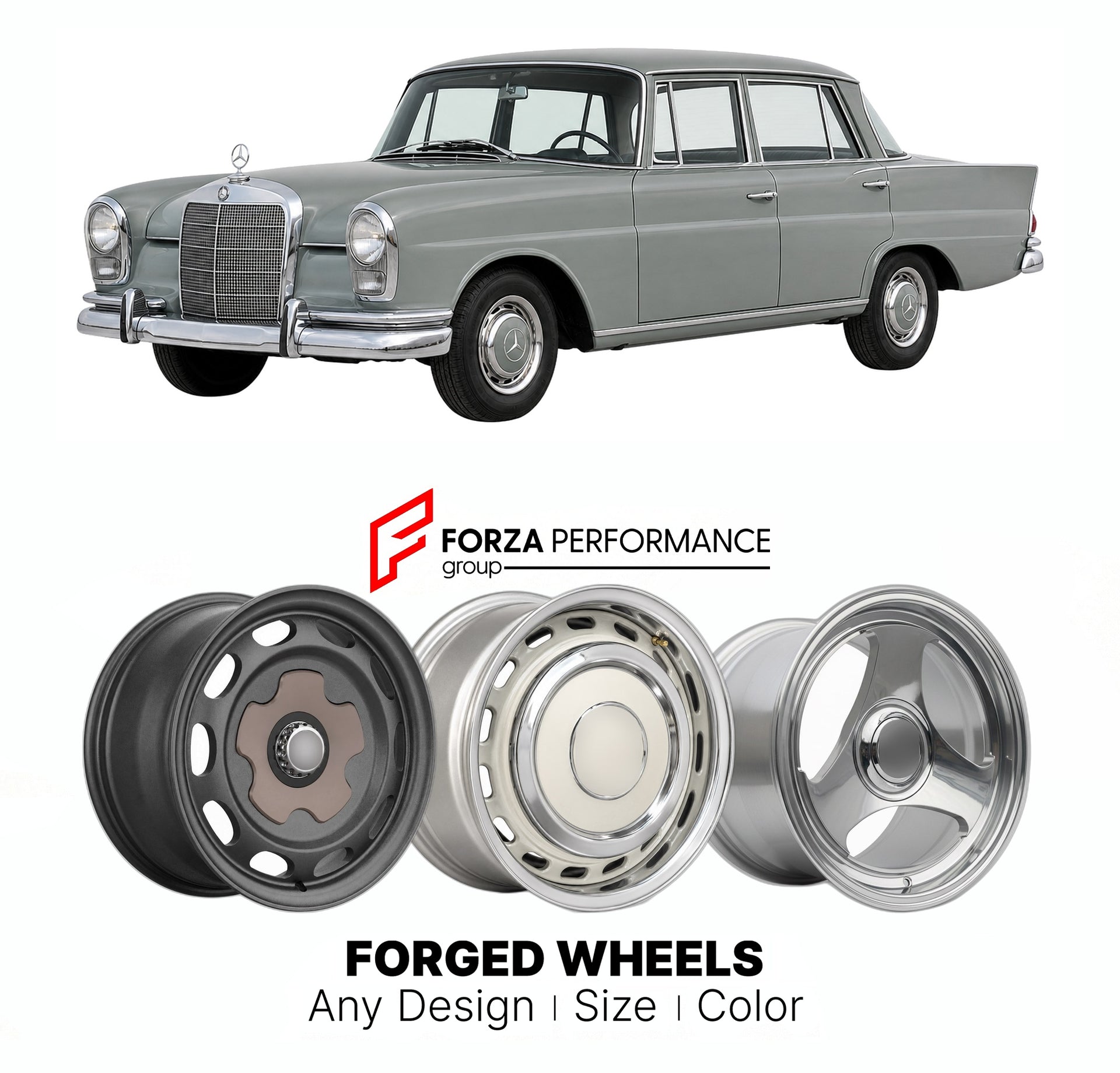 CUSTOM CLASSIC VINTAGE RESTOMOD RETRO OLD SCHOOL FORGED WHEELS RIMS for MERCEDES-BENZ FINTAIL W110 1961 - 1968

Custom forged wheels for Mercedes-Benz Fintail W110 1961 - 1968. Classic, vintage, restomod wheel designs made to order in custom sizes, offsets, colors and finishes.

We manufacture premium quality forged wheels rims for Mercedes-Benz Fintail W110 1961 - 1968 in any design, size, color.

THIS WHEEL DESIGN CAN BE CUSTOM-MADE FOR YOUR CAR IN ANY SIZE AND COLOR OPTIONS
Available in monoblock, 2-piec