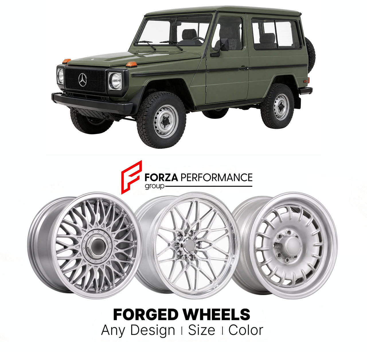 CUSTOM CLASSIC VINTAGE RESTOMOD RETRO OLD SCHOOL FORGED WHEELS RIMS for MERCEDES-BENZ G-CLASS W460 1979 - 1992

Custom forged wheels for Mercedes-Benz G-Class W460 1979 - 1992. Classic, vintage, restomod wheel designs made to order in custom sizes, offsets, colors and finishes.

We manufacture premium quality forged wheels rims for Mercedes-Benz G-Class W460 1979 - 1992 in any design, size, color.

THIS WHEEL DESIGN CAN BE CUSTOM-MADE FOR YOUR CAR IN ANY SIZE AND COLOR OPTIONS
Available in monoblock, 2-piec