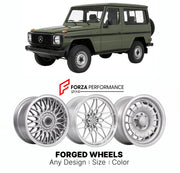 CUSTOM CLASSIC VINTAGE RESTOMOD RETRO OLD SCHOOL FORGED WHEELS RIMS for MERCEDES-BENZ G-CLASS W460 1979 - 1992

Custom forged wheels for Mercedes-Benz G-Class W460 1979 - 1992. Classic, vintage, restomod wheel designs made to order in custom sizes, offsets, colors and finishes.

We manufacture premium quality forged wheels rims for Mercedes-Benz G-Class W460 1979 - 1992 in any design, size, color.

THIS WHEEL DESIGN CAN BE CUSTOM-MADE FOR YOUR CAR IN ANY SIZE AND COLOR OPTIONS
Available in monoblock, 2-piec