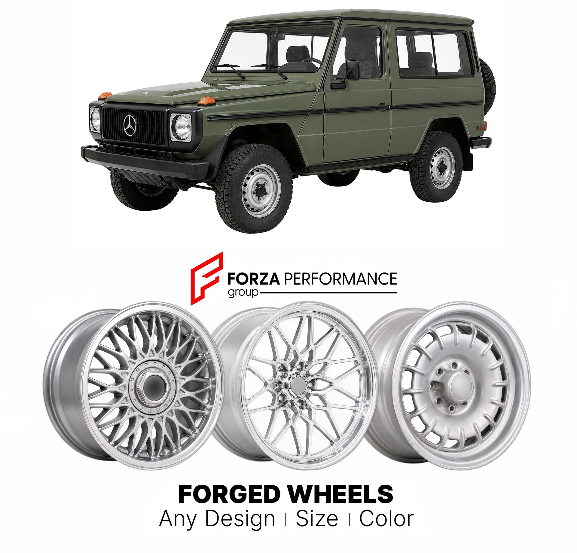 CUSTOM CLASSIC VINTAGE RESTOMOD RETRO OLD SCHOOL FORGED WHEELS RIMS for MERCEDES-BENZ G-CLASS W460 1979 - 1992

Custom forged wheels for Mercedes-Benz G-Class W460 1979 - 1992. Classic, vintage, restomod wheel designs made to order in custom sizes, offsets, colors and finishes.

We manufacture premium quality forged wheels rims for Mercedes-Benz G-Class W460 1979 - 1992 in any design, size, color.

THIS WHEEL DESIGN CAN BE CUSTOM-MADE FOR YOUR CAR IN ANY SIZE AND COLOR OPTIONS
Available in monoblock, 2-piec