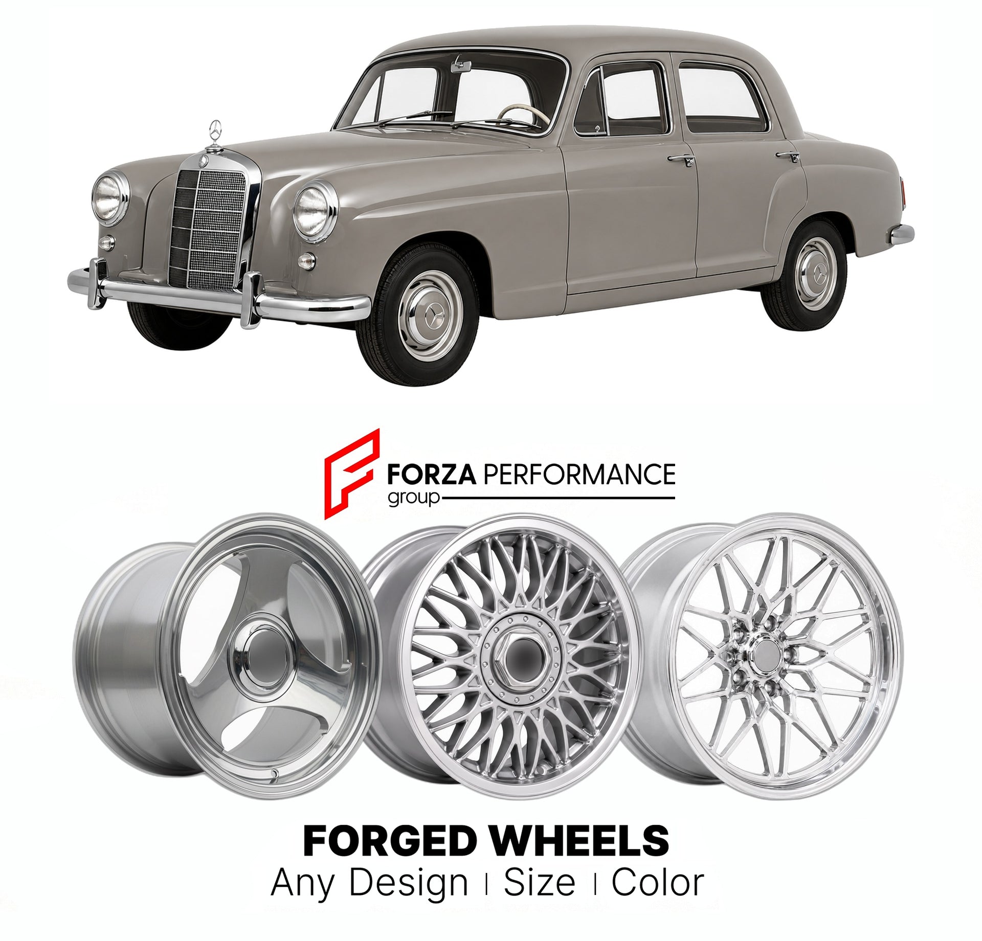 CUSTOM CLASSIC VINTAGE RESTOMOD RETRO OLD SCHOOL FORGED WHEELS RIMS for MERCEDES-BENZ PONTON W120 W121 1953 - 1962

Custom forged wheels for Mercedes-Benz Ponton W120 W121 1953 - 1962. Classic, vintage, restomod wheel designs made to order in custom sizes, offsets, colors and finishes.

We manufacture premium quality forged wheels rims for Mercedes-Benz Ponton W120 W121 1953 - 1962 in any design, size, color.

THIS WHEEL DESIGN CAN BE CUSTOM-MADE FOR YOUR CAR IN ANY SIZE AND COLOR OPTIONS
Available in monob