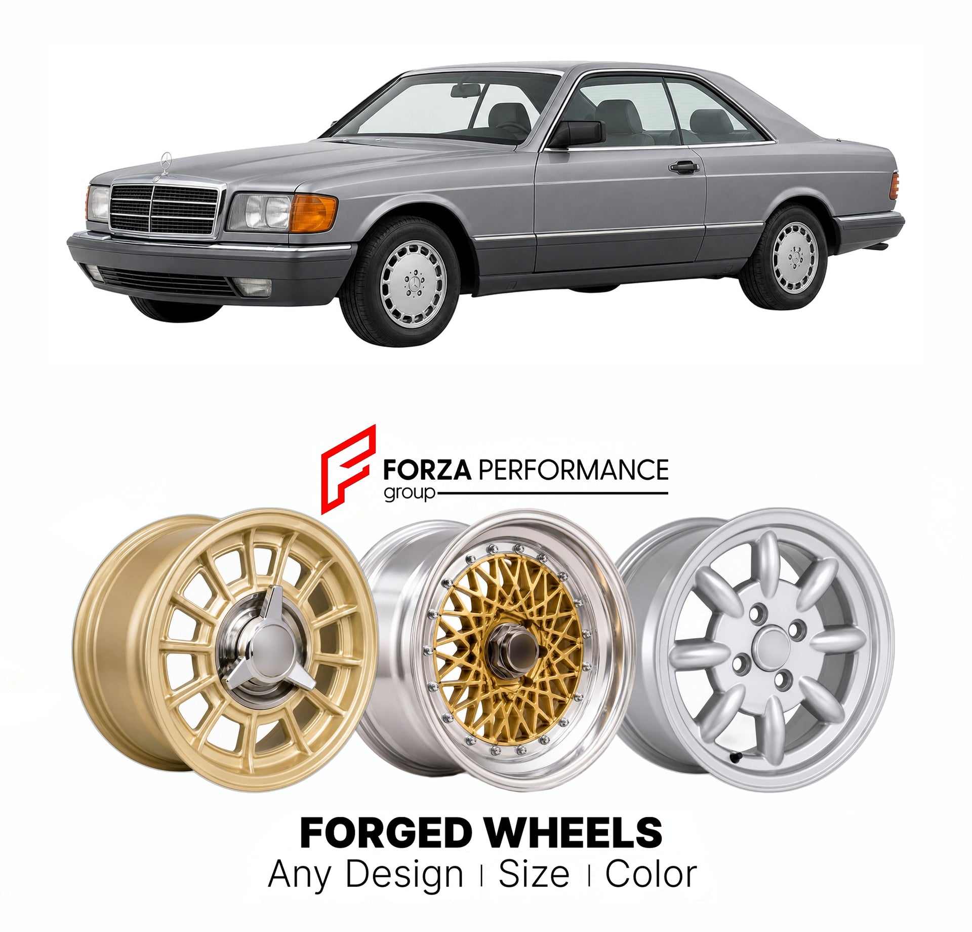 CUSTOM CLASSIC VINTAGE RESTOMOD RETRO OLD SCHOOL FORGED WHEELS RIMS for MERCEDES-BENZ S-CLASS C126 SEC COUPE 1981 - 1991

Custom forged wheels for Mercedes-Benz S-Class C126 SEC Coupe 1981 - 1991. Classic, vintage, restomod wheel designs made to order in custom sizes, offsets, colors and finishes.

We manufacture premium quality forged wheels rims for Mercedes-Benz S-Class C126 SEC Coupe 1981 - 1991 in any design, size, color.

THIS WHEEL DESIGN CAN BE CUSTOM-MADE FOR YOUR CAR IN ANY SIZE AND COLOR OPTIONS
